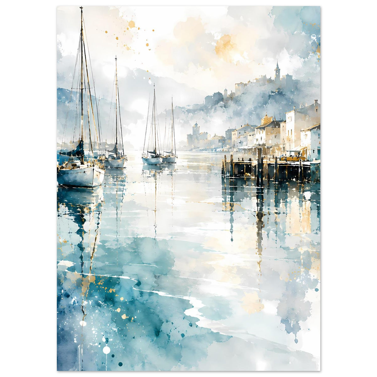 Aquarell-Poster mit Segelbooten links und Hafenreflexionen in Blau, ruhiges Gewässer
