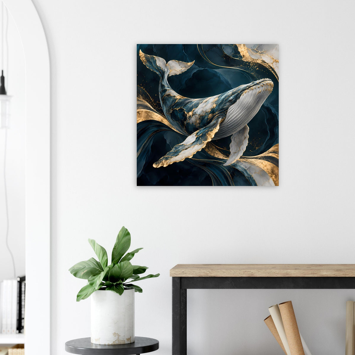 Quadratisches Poster mit Walmotiv, blau-goldenem Farbschimmer und Wellenlinien