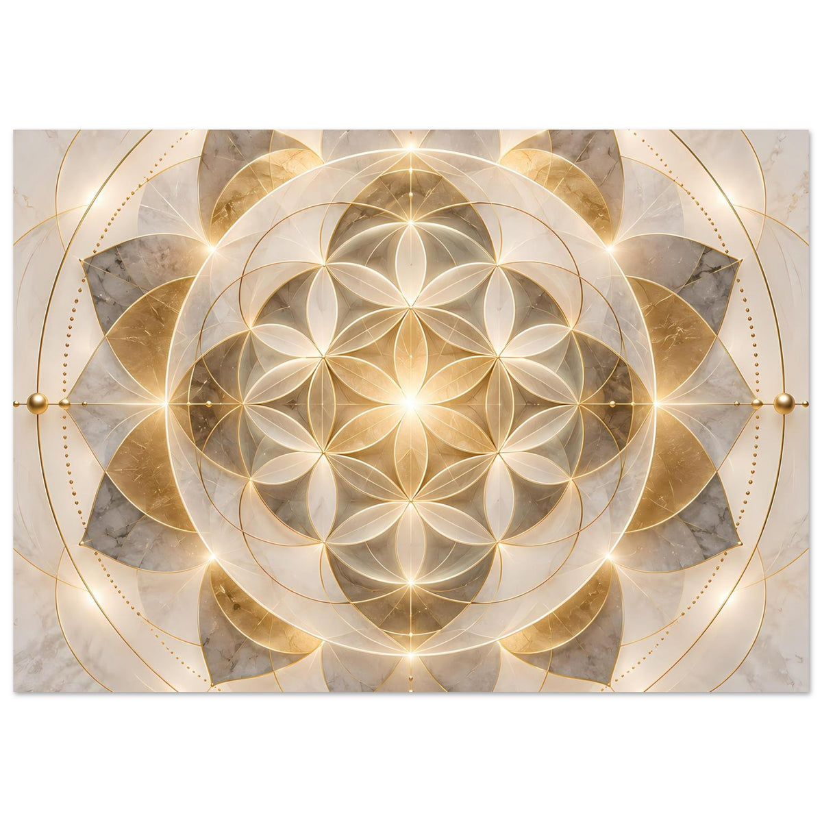 Quadratisches Poster mit goldener Mandala-Blume, symmetrischen Kreisen und Ornamentstrahlen
