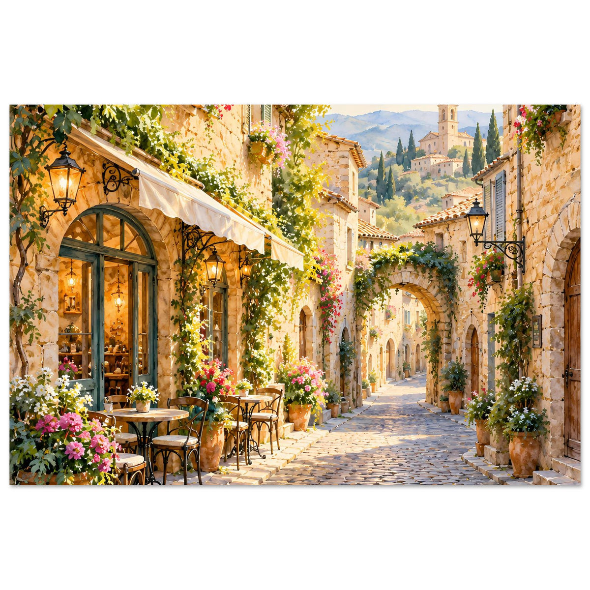 Poster der mediterranen Straße mit Kopfsteinpflaster, Blumenampeln, Arkaden und Laternen