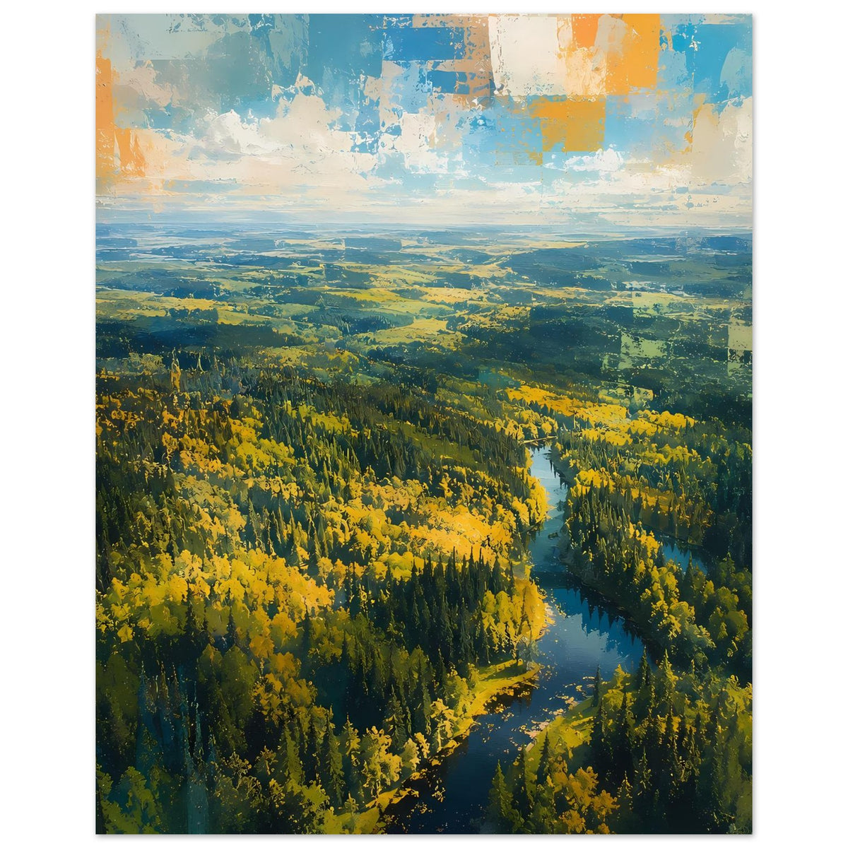 Herbstwald-Poster im Hochformat mit Fluss, gelbe Baumreihen und wolkigem Himmel