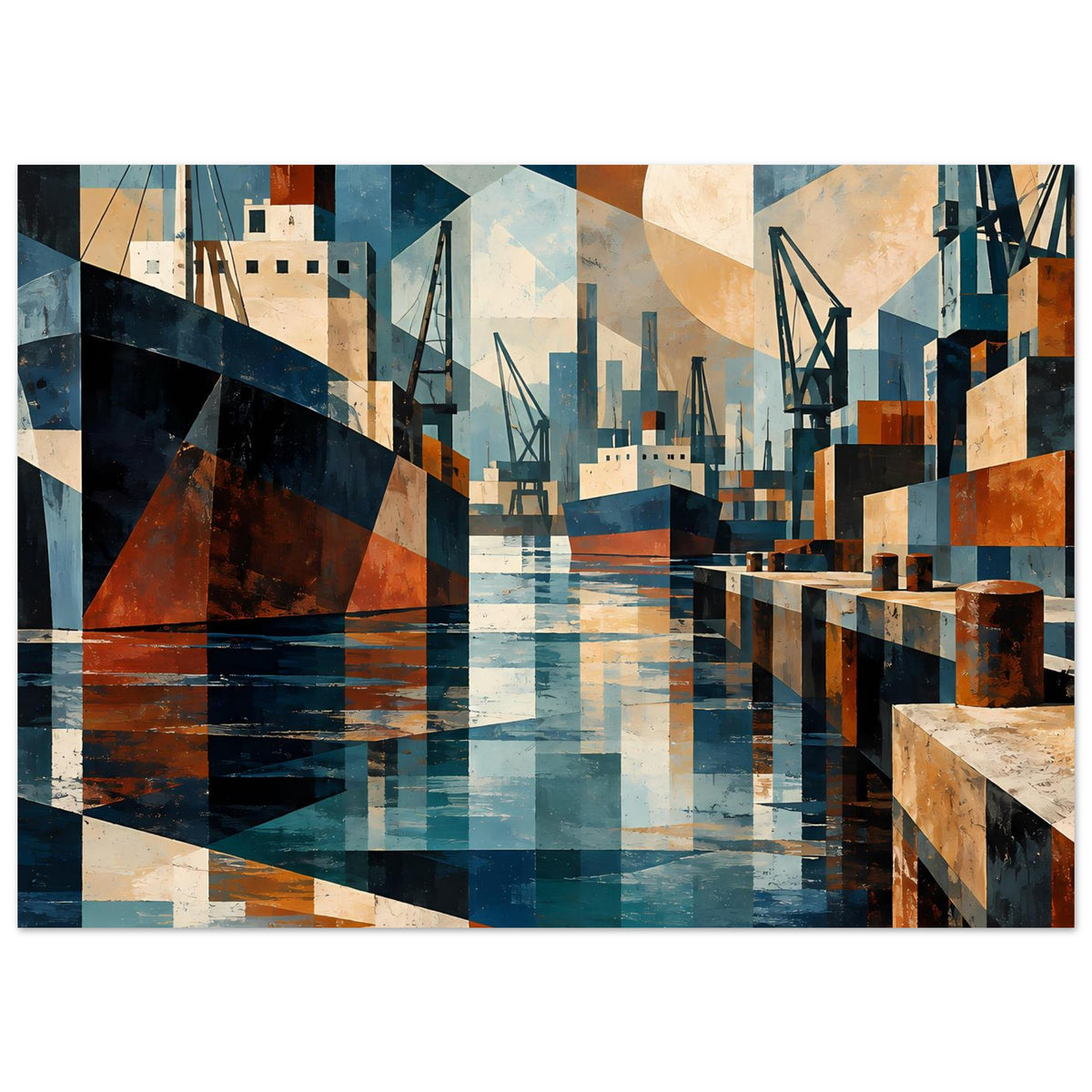 Hafen-Poster mit geometrischen Blöcken, Schiffe und Hafenkräne, Blau und Brauntöne