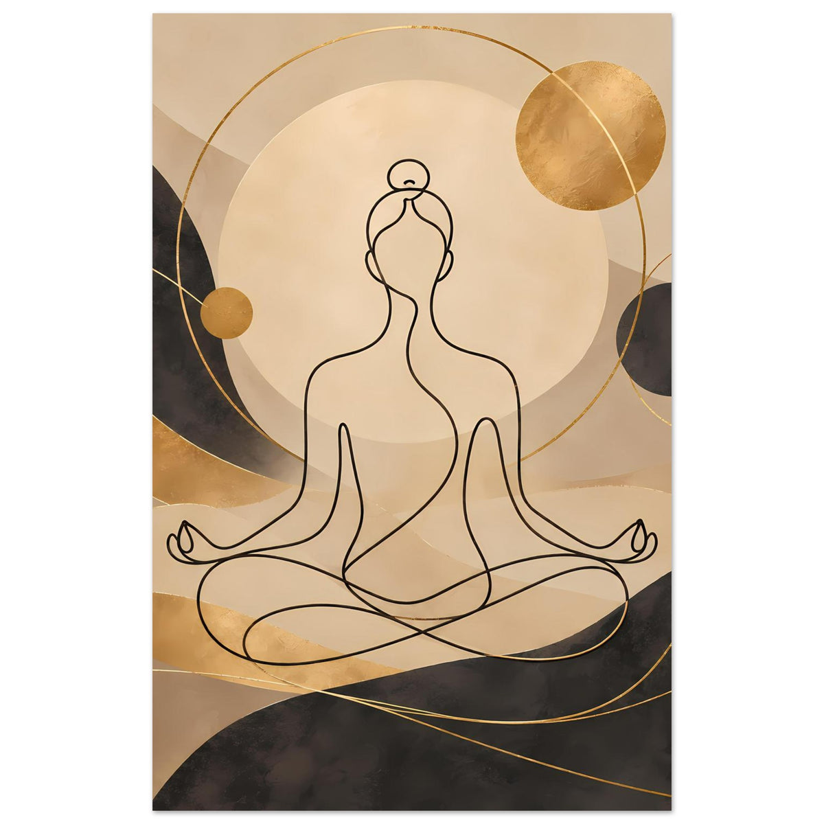 Minimalistischer Yoga-Meditations-Kunstdruck mit Frau im Schneidersitz und goldenen Kreisen