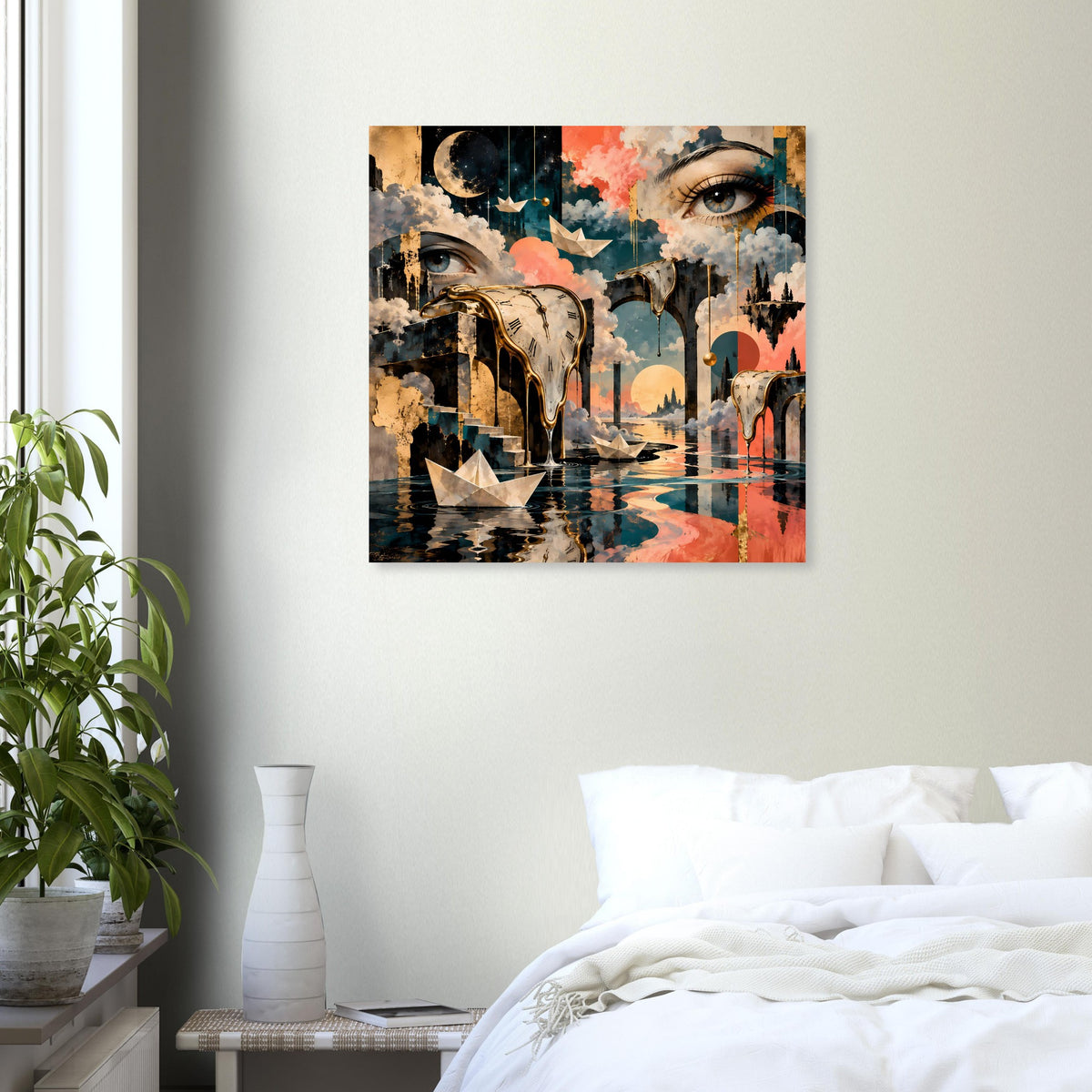 Surrealistisches Poster mit schmelzenden Uhren, markanten Augen und leuchtenden Farbflecken