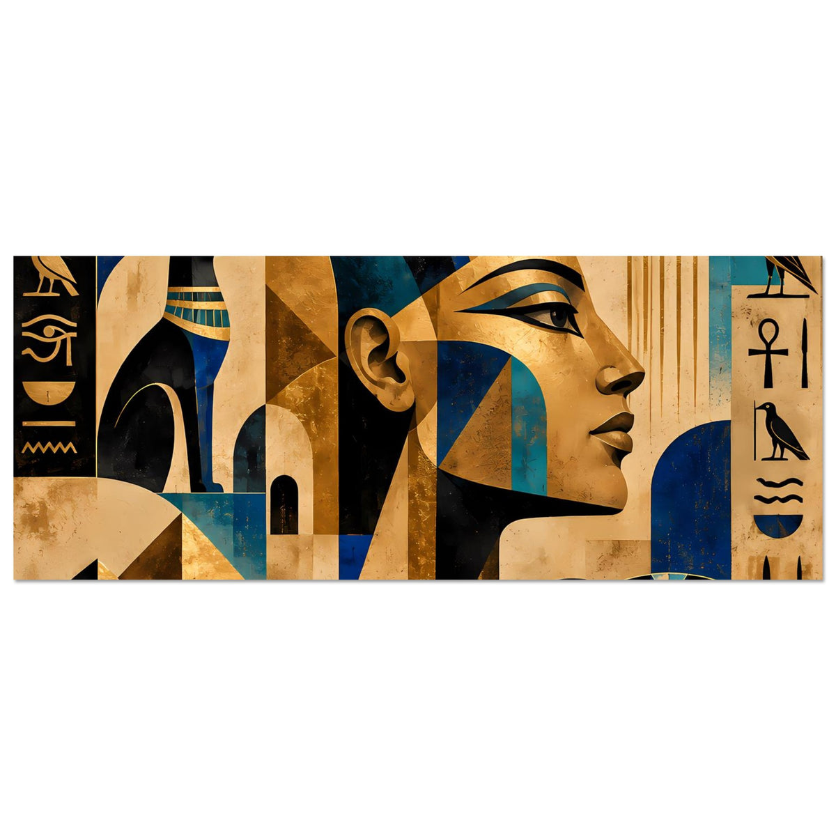 Ägyptisch inspiriertes Wandposter, horizontale Ansicht mit Frau im Profil, blau-goldenem Stil