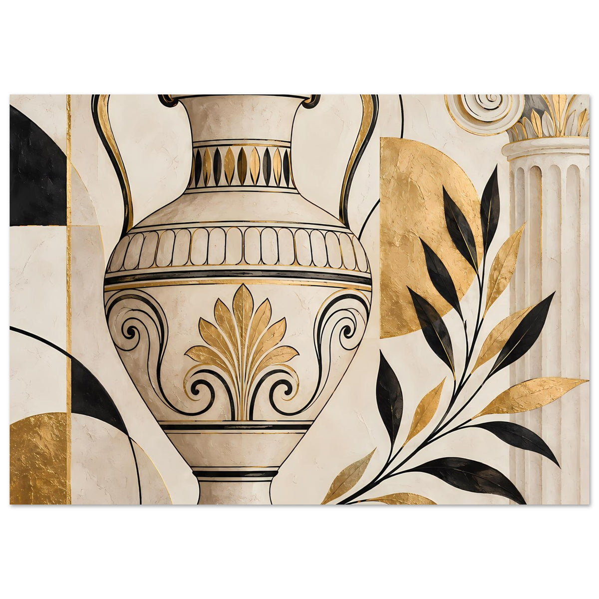 Wandposter mit antikem Amphorenmotiv, Ornamente und Blattranken in Schwarz & Gold