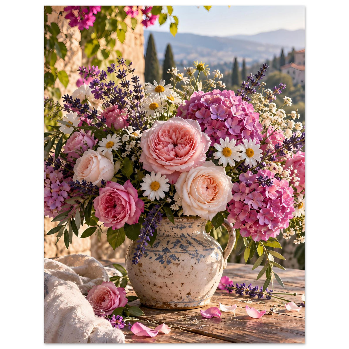 Blumenposter im Hochformat: Strauß aus rosa Blüten und kleinen Wildblumen in Vase