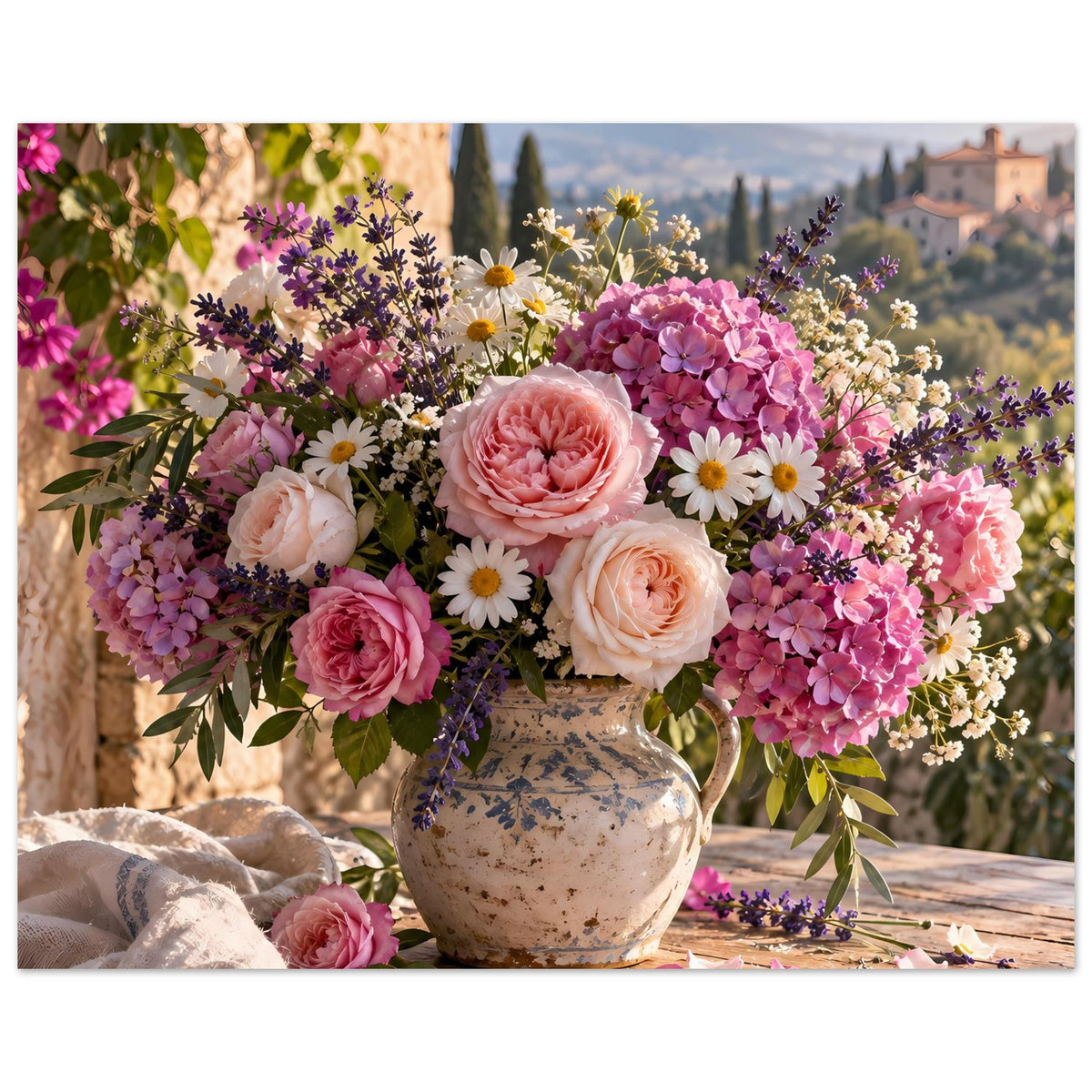 Blumenposter im Querformat: blühender Strauß in Keramikvase auf Holztisch mit Blütenblättern