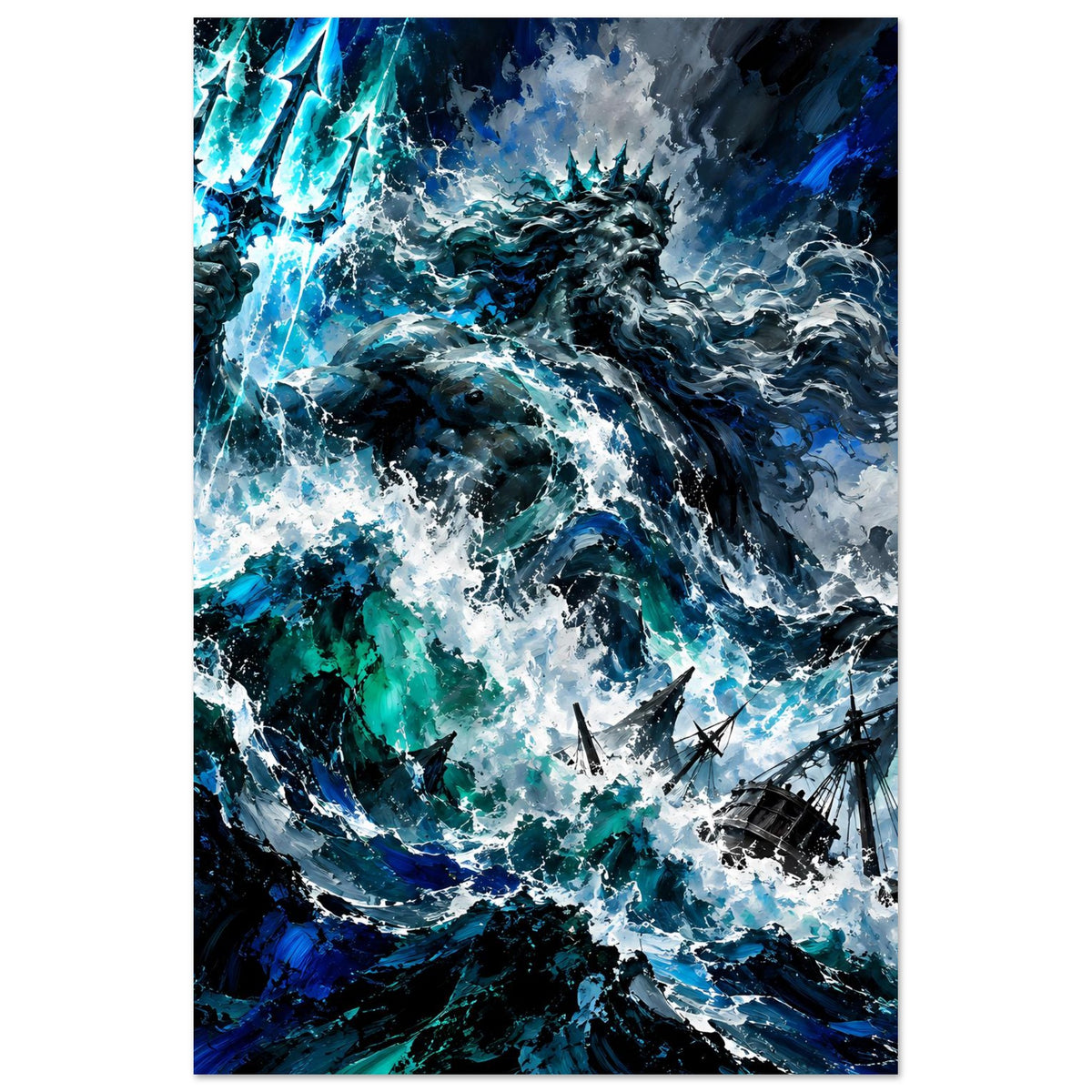 Sturm-Poster im Hochformat, Poseidon inmitten von Wasserwirbeln und leuchtenden Blitzen