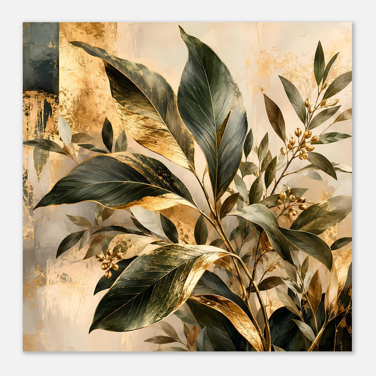Botanisches Poster: goldene Blattadern, grüne Blätter und florale Zweige