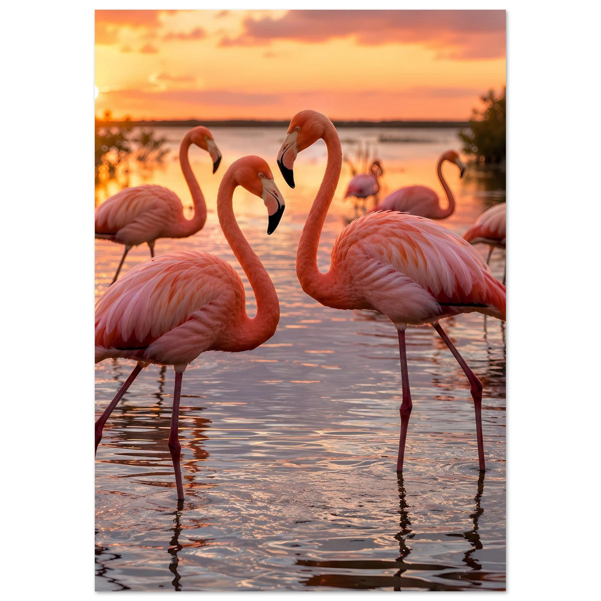 Poster mit Flamingos am Wasser bei Sonnenuntergang, vertikal