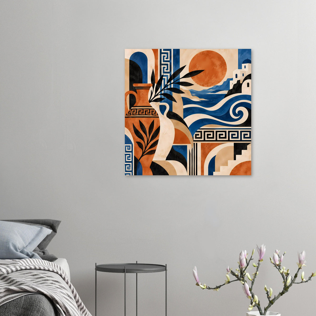 Kunstposter im Querformat mit Frauenfigur, Sonne, blauen Wellen und geometrischen Ornamenten