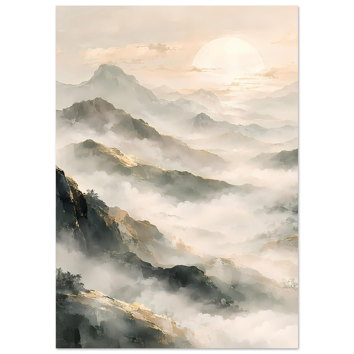 Poster im Hochformat mit Berggipfeln, weichem Dunst und warmem Sonnenaufgang am Horizont