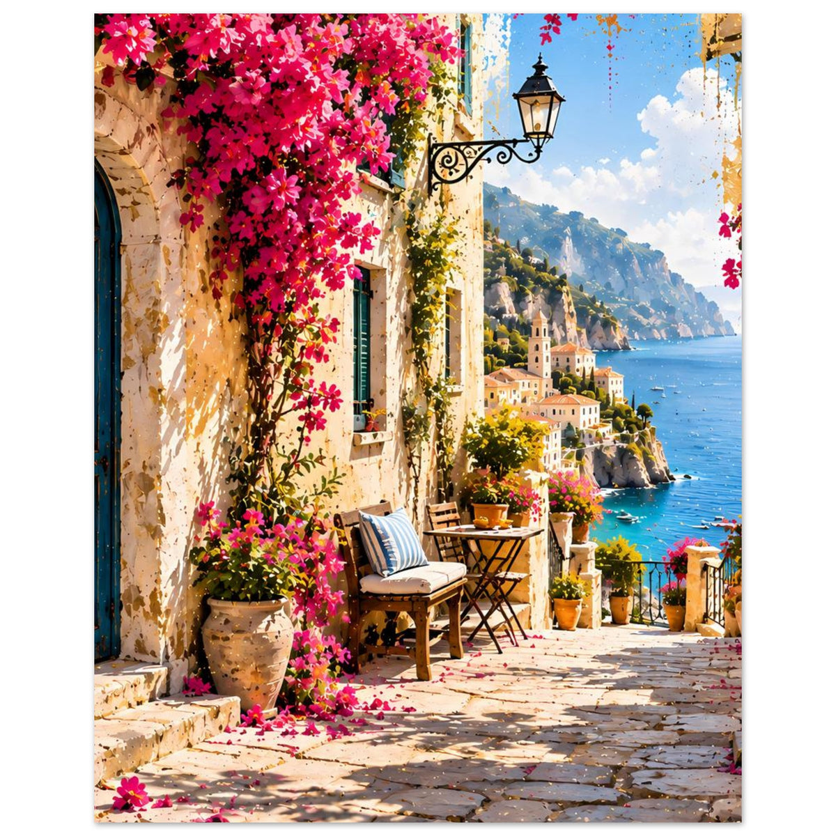 Mediterranes Küstenposter mit Laterne, blauem Meer im Hintergrund und rosa Blüten am Weg