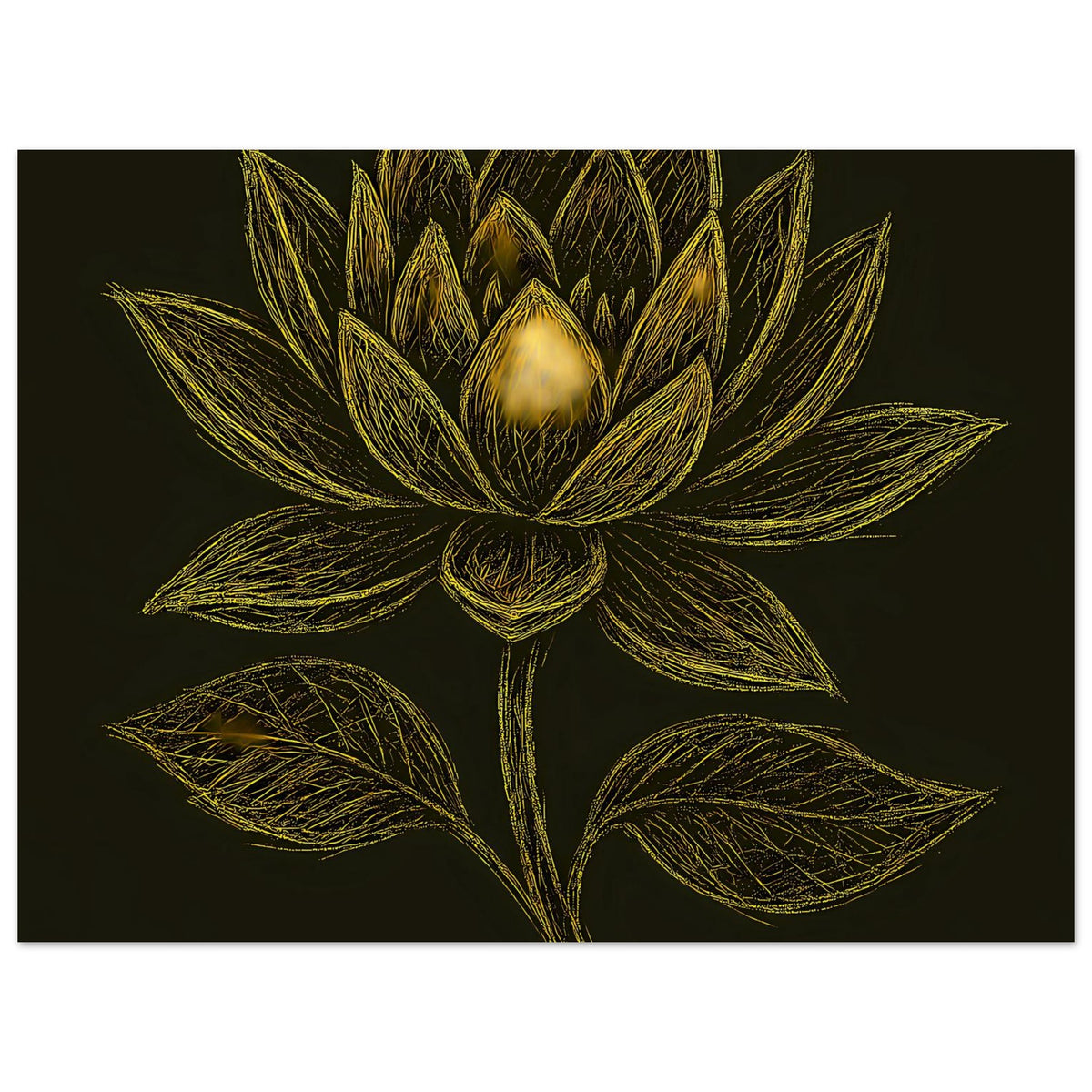 Querformatiges Poster mit goldener Lotusblüte und grünen Blättern, zentrales Linienmotiv