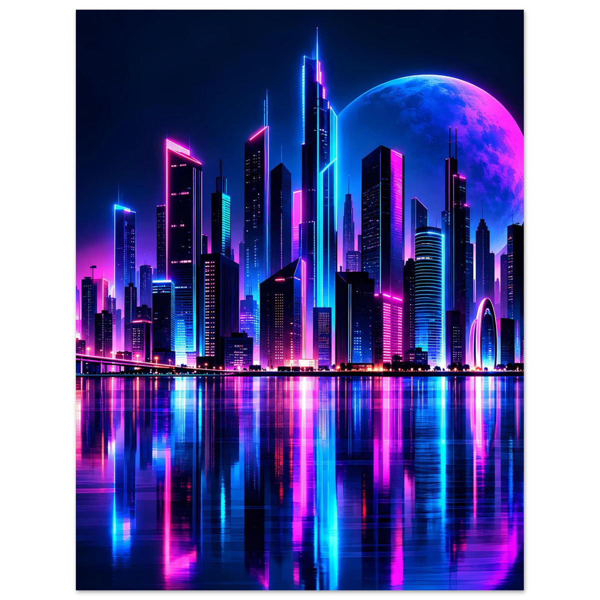 Vertikalansicht eines Neon-Stadtlandschaft-Posters mit Mondscheibe, Wolkenkratzern und Reflexion