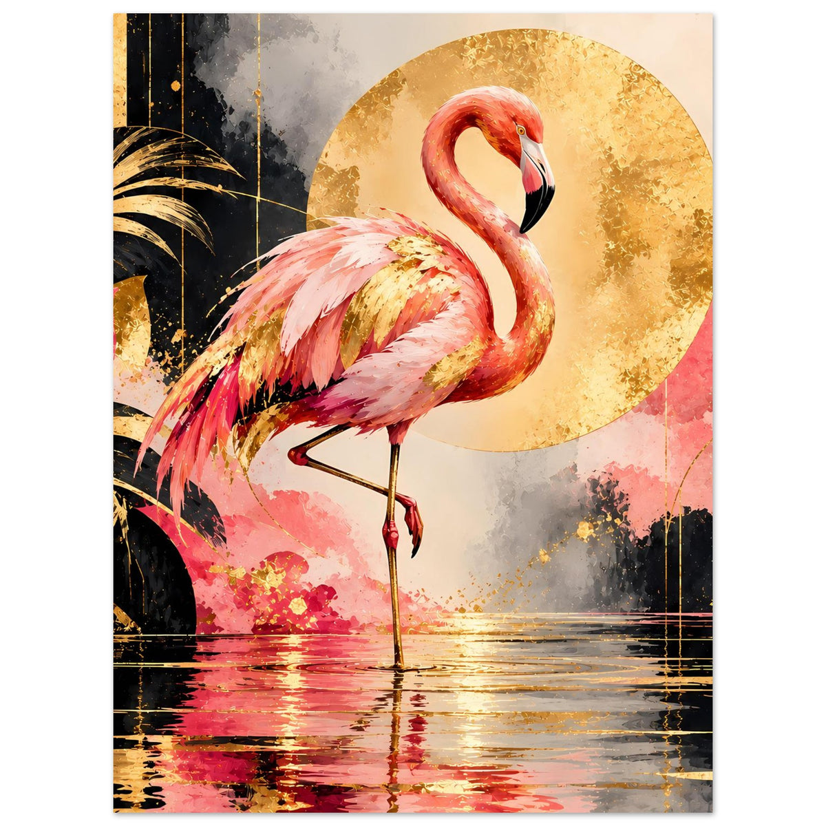 Flamingo-Tierposter im Hochformat: rosa Flamingo mit schwarzen Details, goldene Sonne im Hintergrund