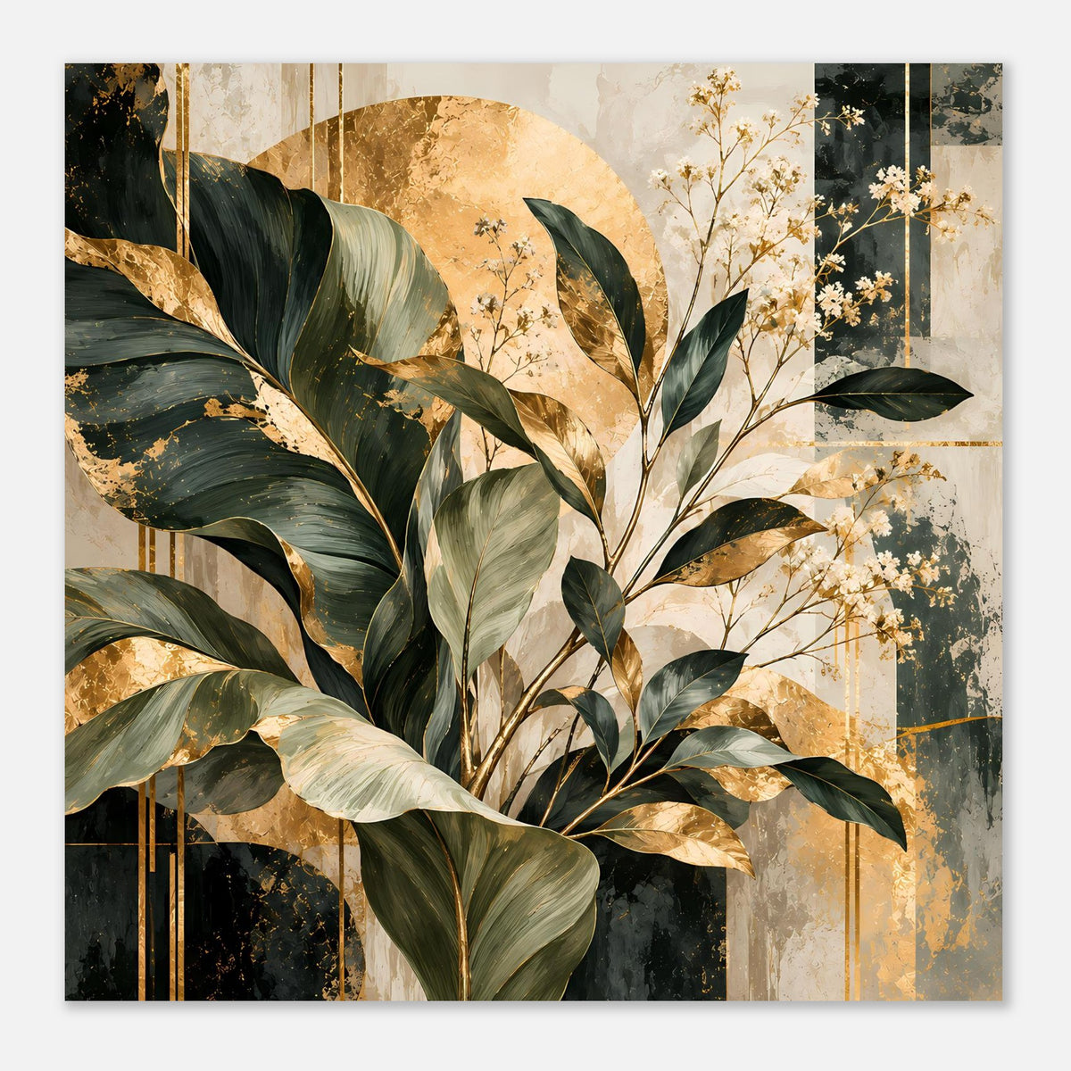 Poster mit Blatt- und Blütenmotiv in Grün, Gold und Creme, mit markanten goldenen Linien