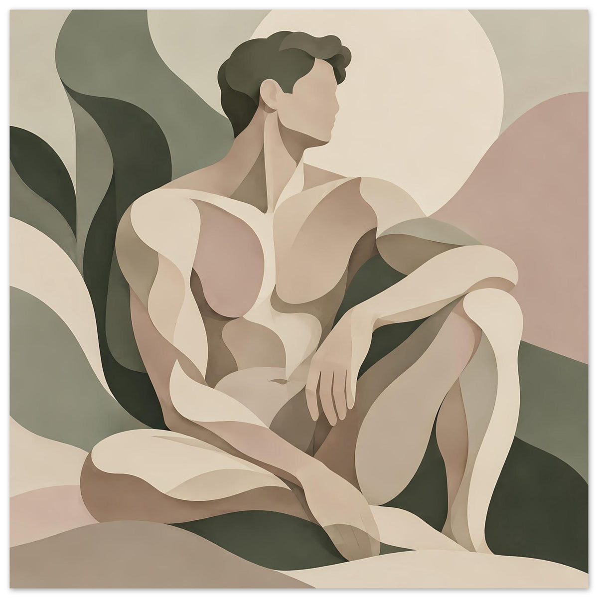 Nahansicht abstraktes Poster mit weiblicher Silhouette und sanften Beige- und Grüntönen