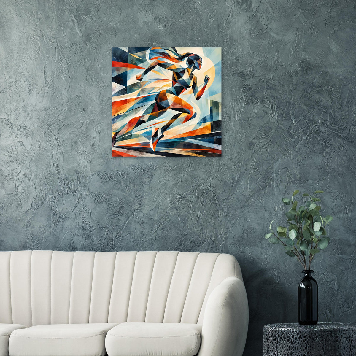 Gerahmtes abstraktes Poster der laufenden Frau, geometrische Farbsegmente in Blau und Orange.