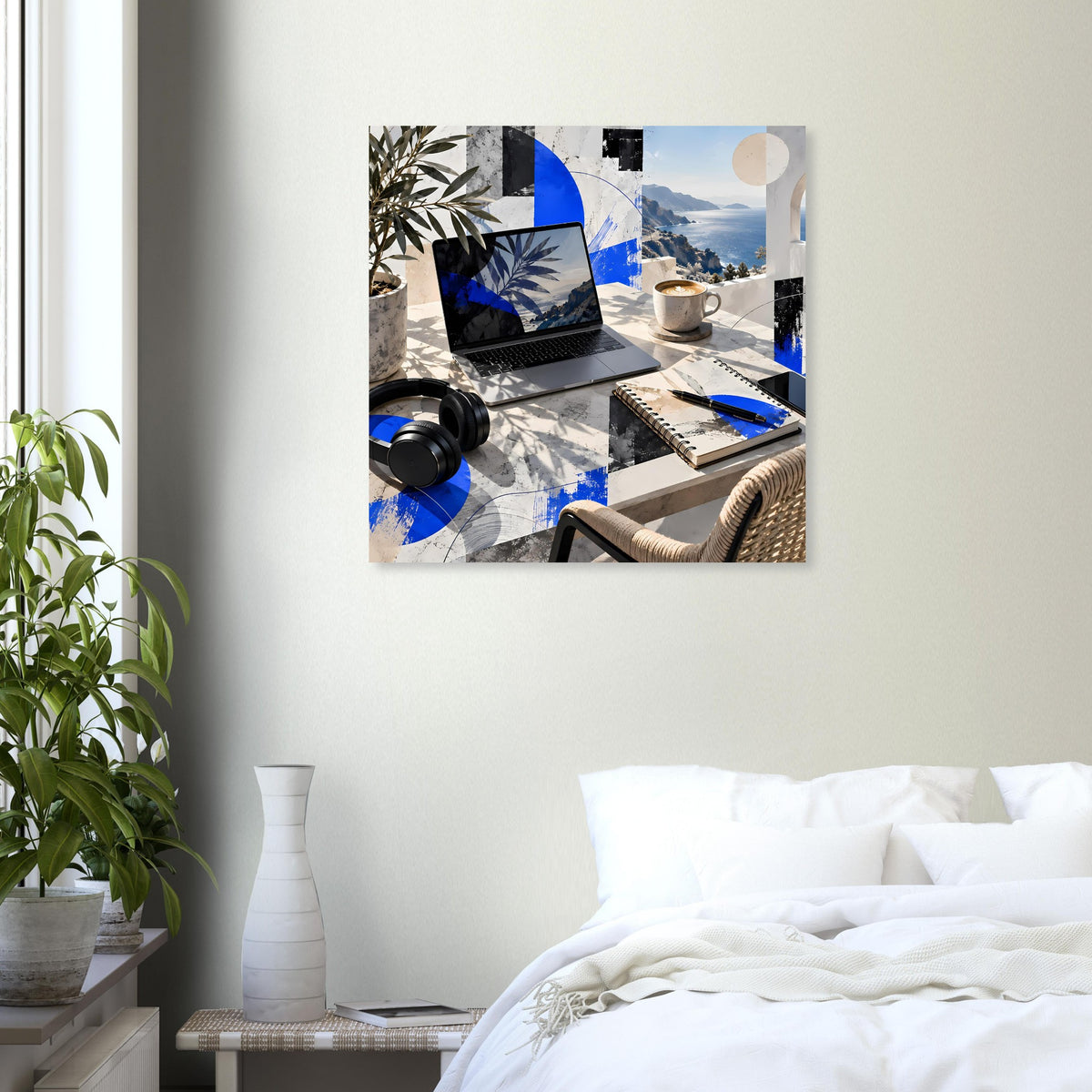 Quadratisches Poster im Blau-Meer-Look mit Laptop-Detail und Landschaftsausschnitt