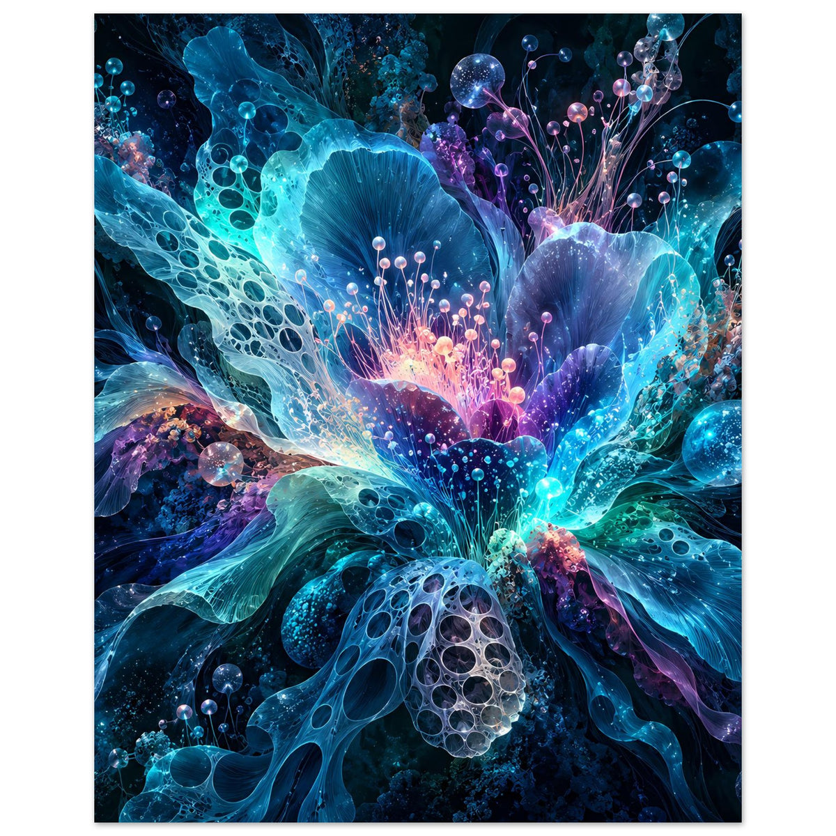 Leuchtendes Blumenposter, vertikal: blaue Blüte mit violetten Lichtfäden und Bläschen