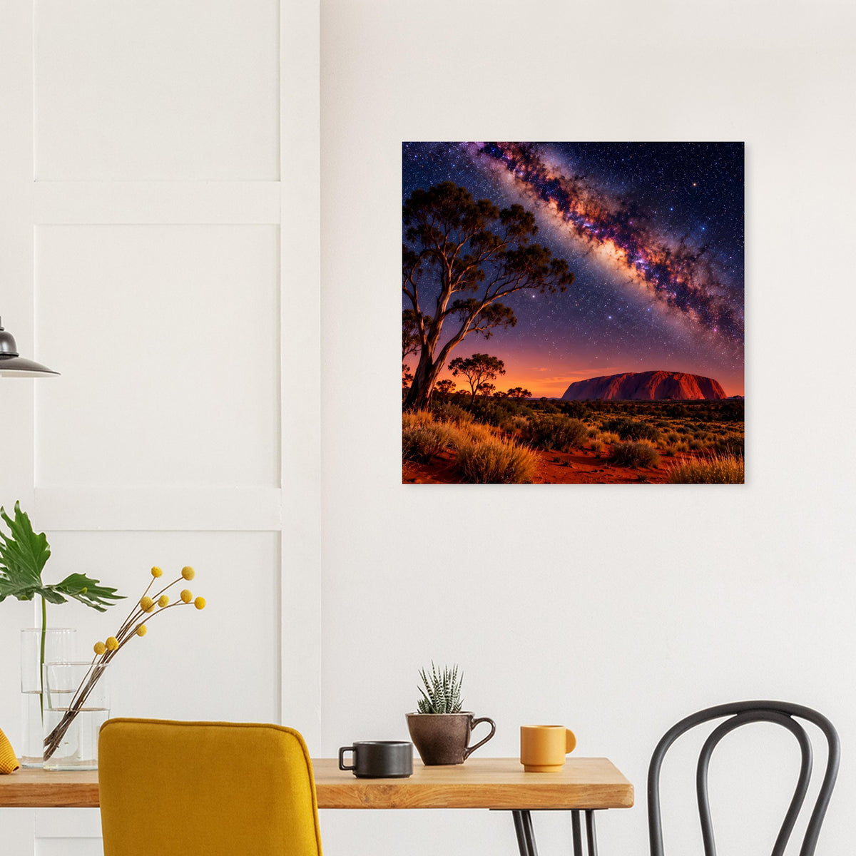 Quadratisches Poster mit Wüste in der Nacht, leuchtender Sternenhimmel und Milchstraße