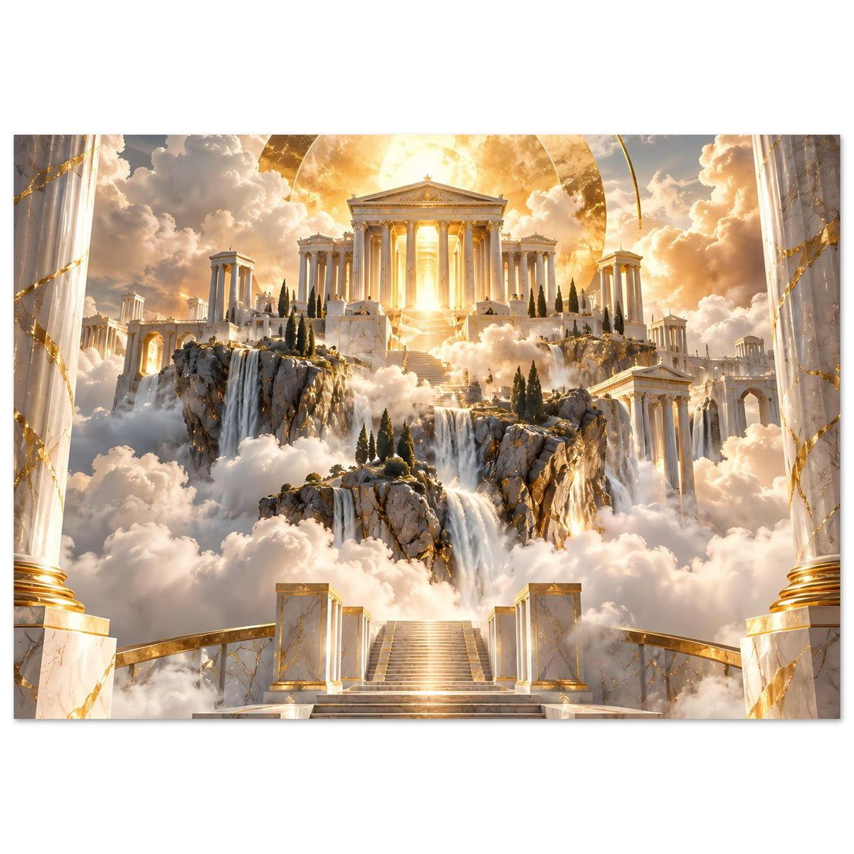 Hochformat-Poster mit zentralem Tempel, goldenem Lichtring und breitem Treppenweg