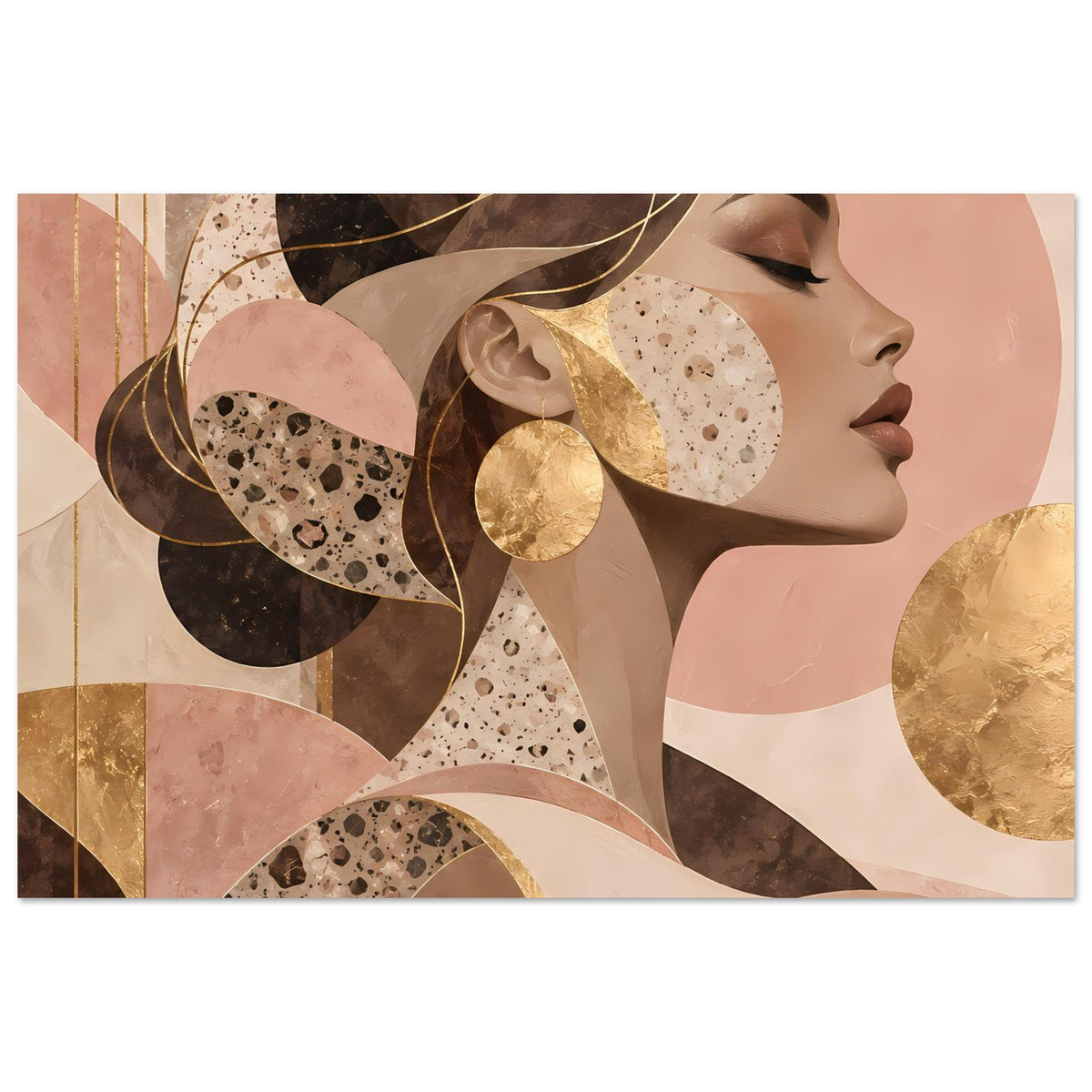 Kunst-Poster mit abstraktem Frauenporträt in Rosa, Braun und Gold