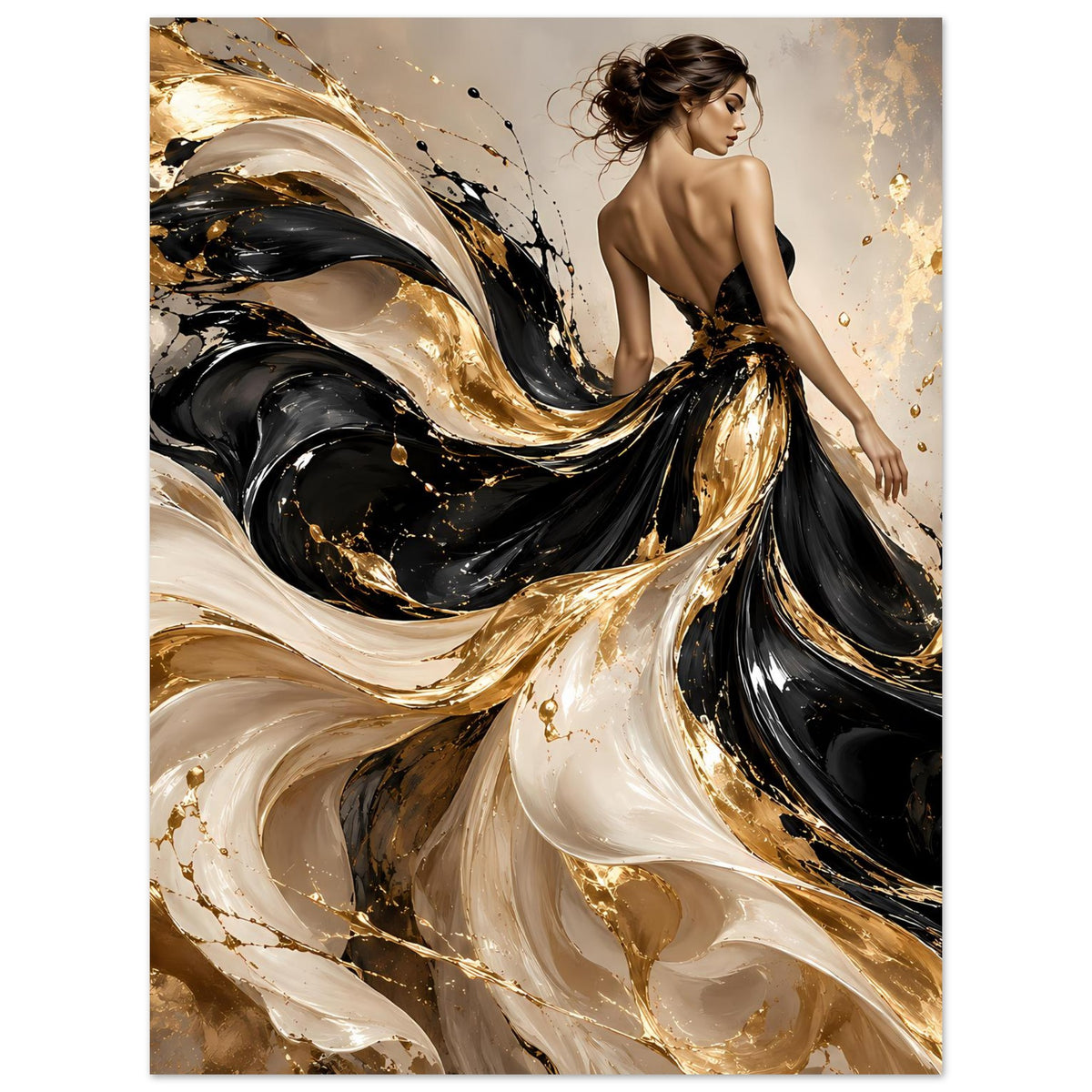Poster mit luxuriösen Wirbeln in Schwarz, Gold und Elfenbein, weibliche Figur von der Seite