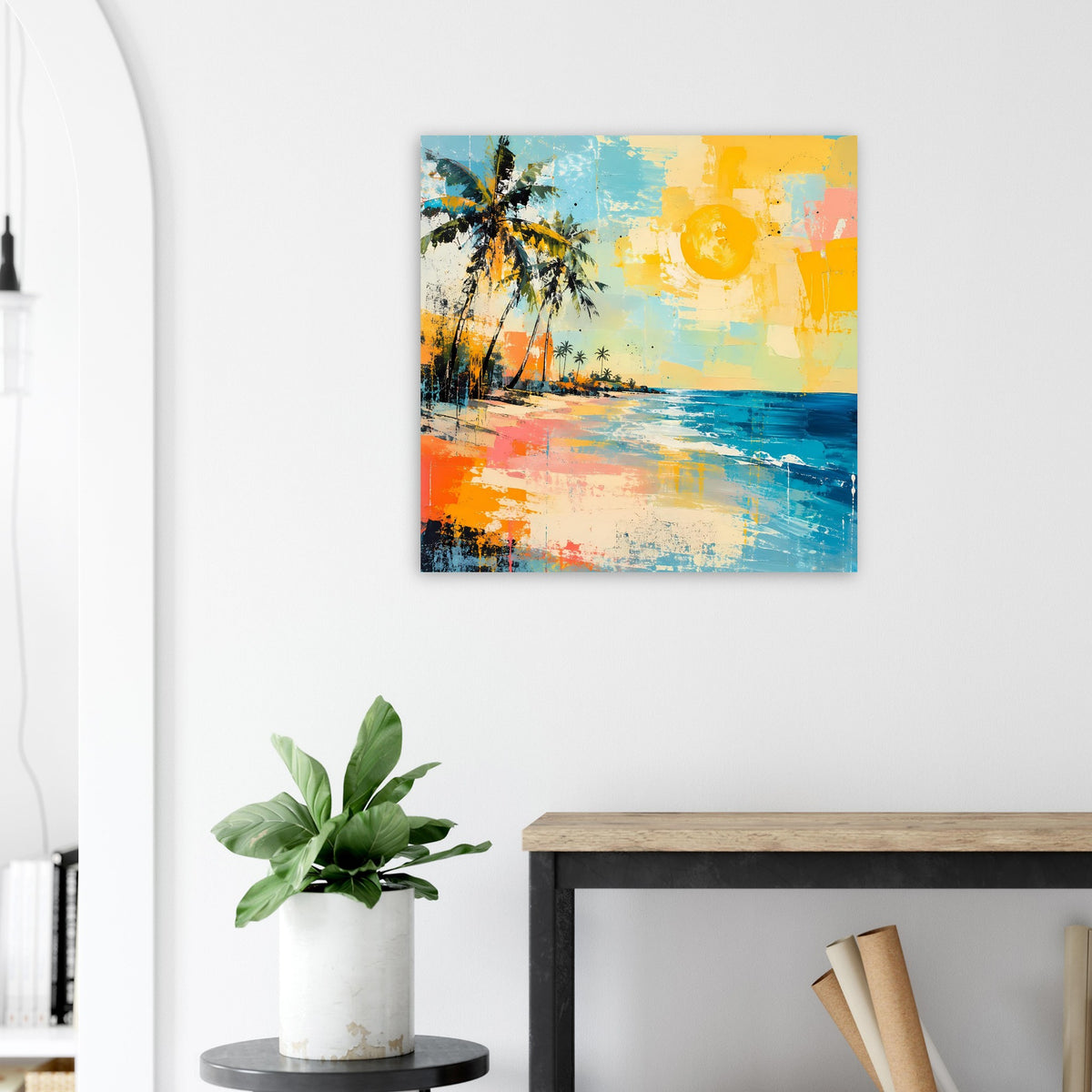 Quadratisches Poster mit Strandmotiv: Palmen, Himmel in Blau und Orange, Sonne