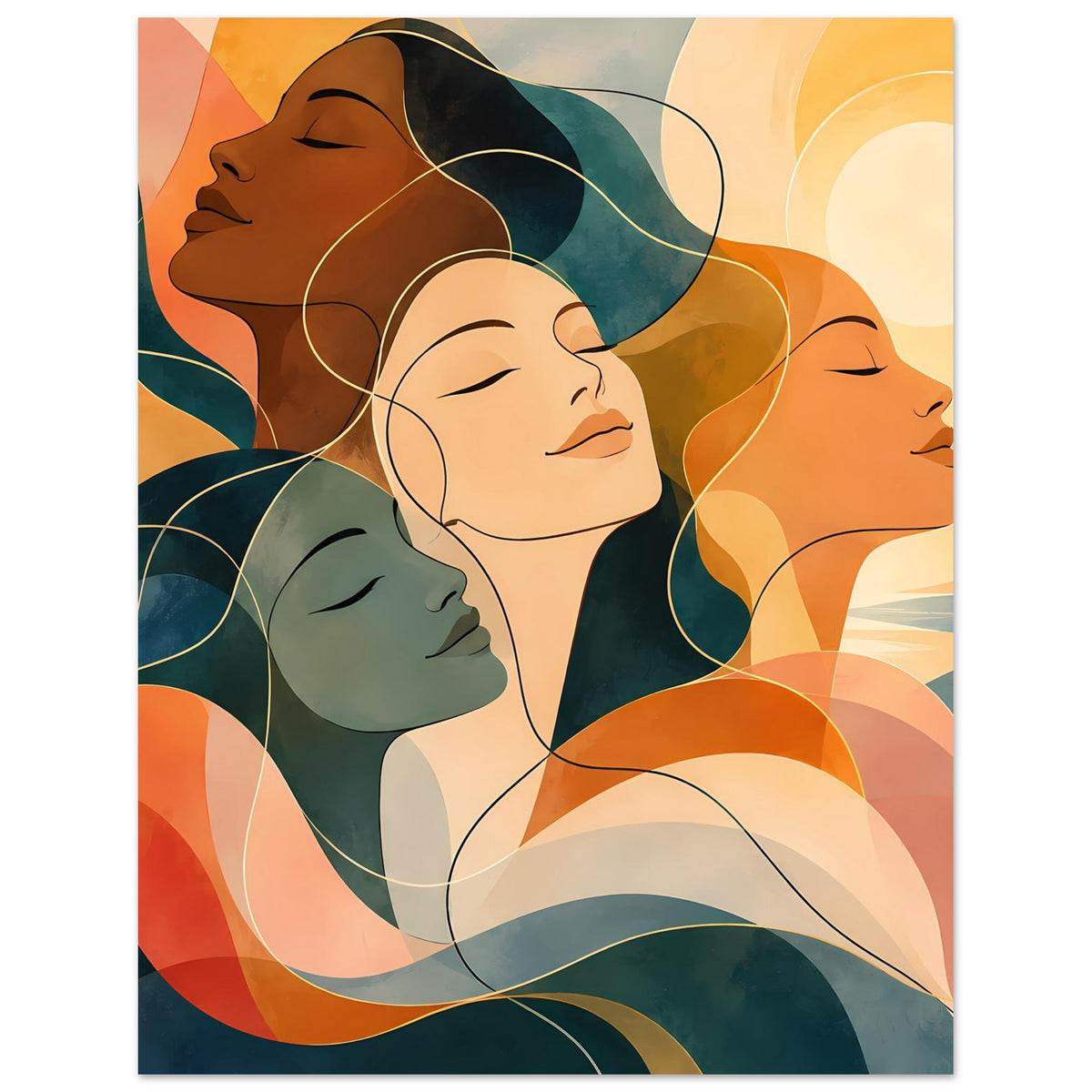 Kunstposter mit abstrakten Frauenfiguren, warmen Orange- und Blautönen