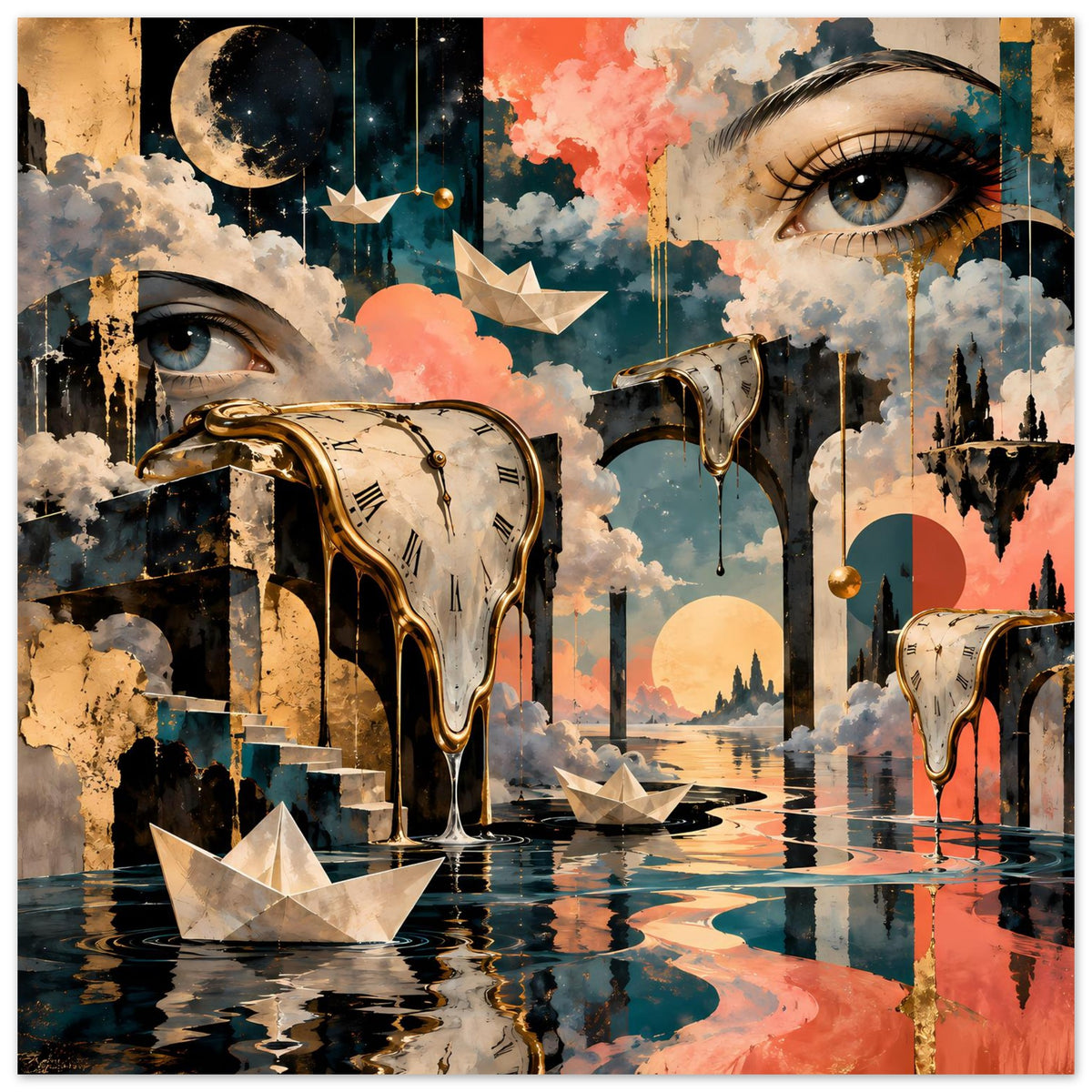 Surreales Kunstposter: schmelzende Uhr, Frauenaugen, Wolkenhimmel, Papierschiffe und Spiegelung