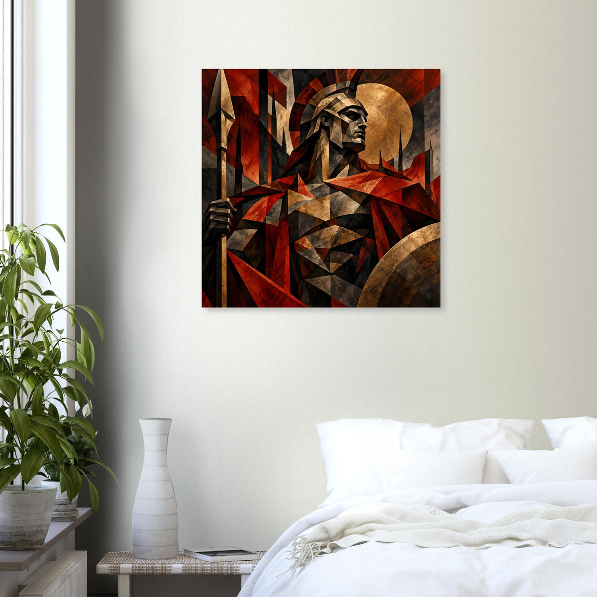 Wandposter mit Spartaner-Figur im geometrischen Patchworkstil, Rot und Gold
