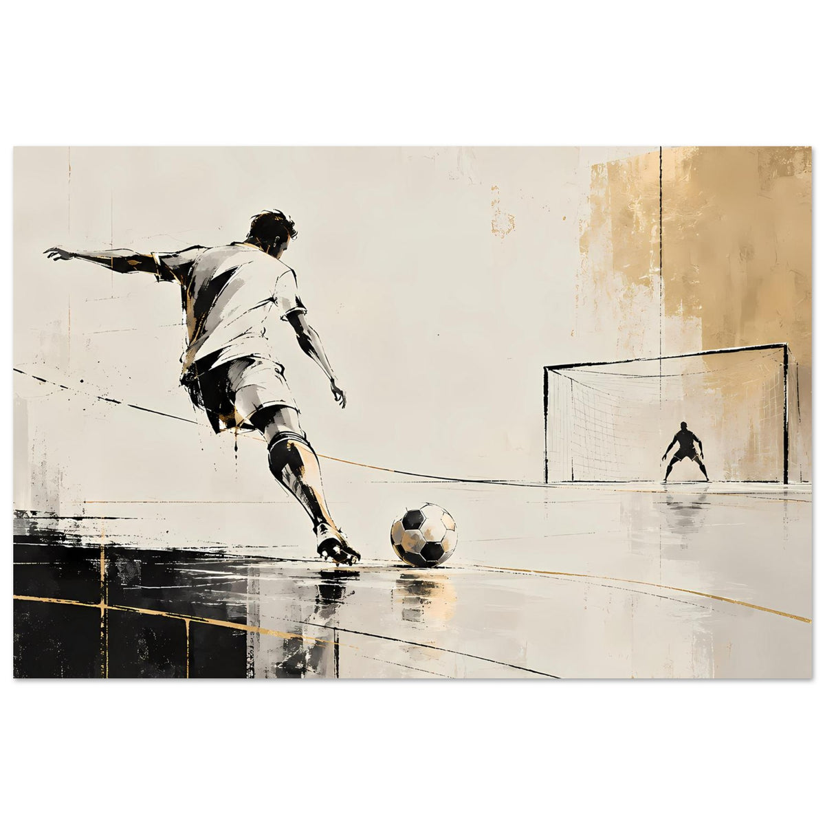Fußballposter mit Spieler in Weiß, Ball im Vordergrund und Toranlage im rechten Bereich