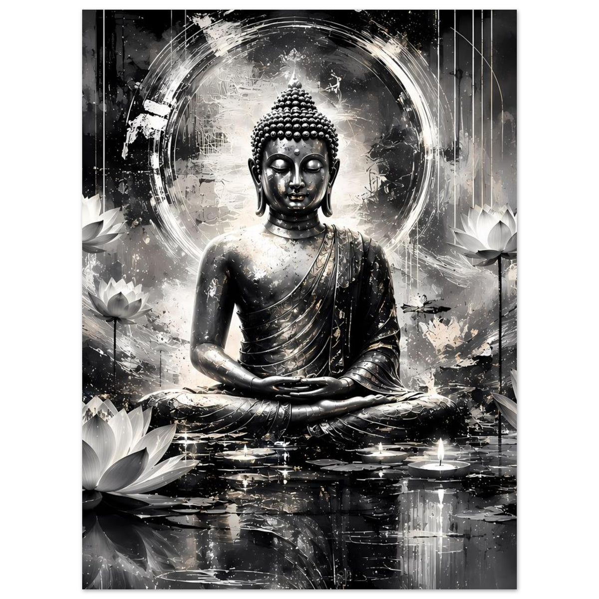 Vertikales Poster mit Buddha-Silhouette in Schwarzweiß, runde Lichtaura und lotusartige Blumen im Vordergrund