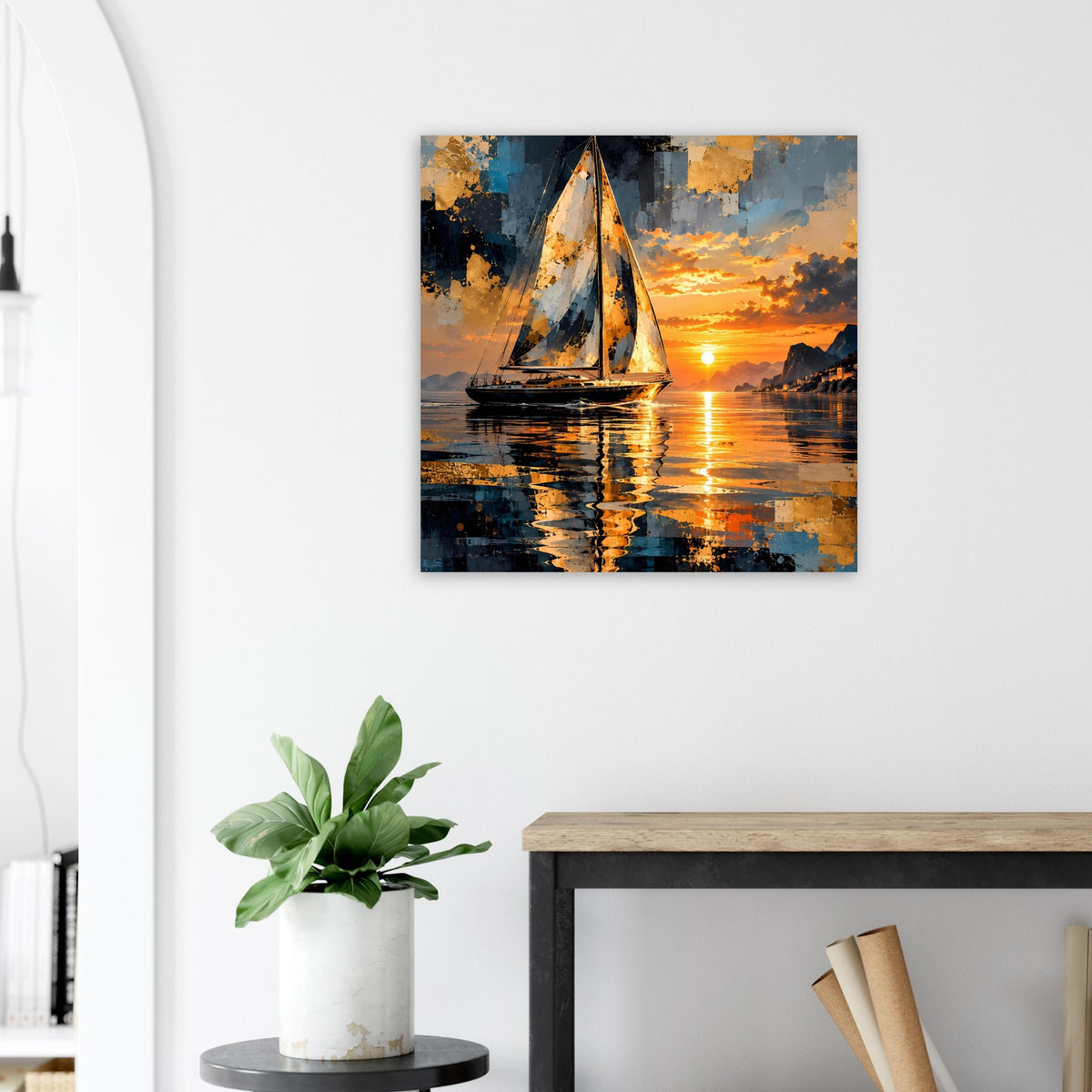 Quadratisches Poster: Segelboot bei Sonnenuntergang, Farben in Blau und Orange mit Reflex
