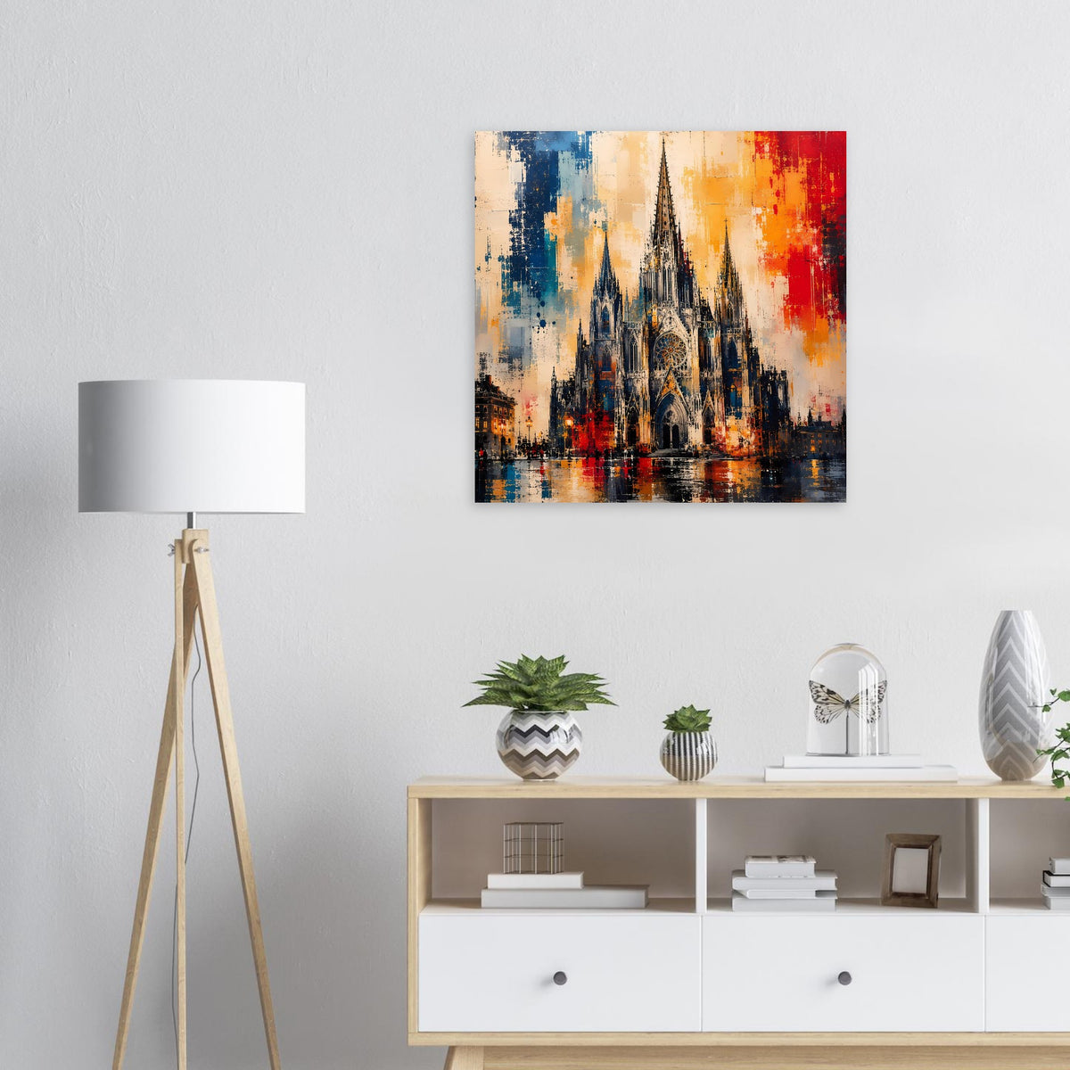 Poster mit gotischer Kathedrale auf Leinwandoptik, bunter Aquarellhintergrund