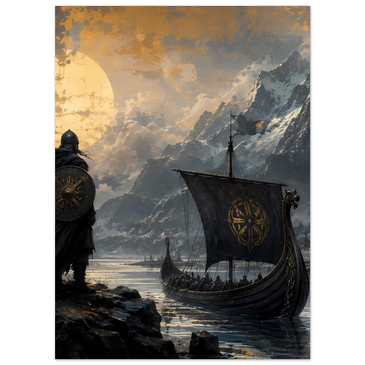 Wikinger-Poster: Krieger mit Schild links, Drachenboot im Fjord, Berge im Hintergrund