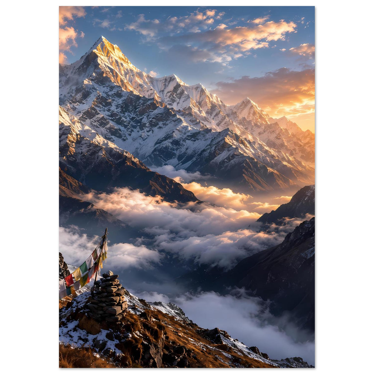 Vertikales Poster mit Berglandschaft im Sonnenaufgang und Gebetsfahnen auf dem Grat