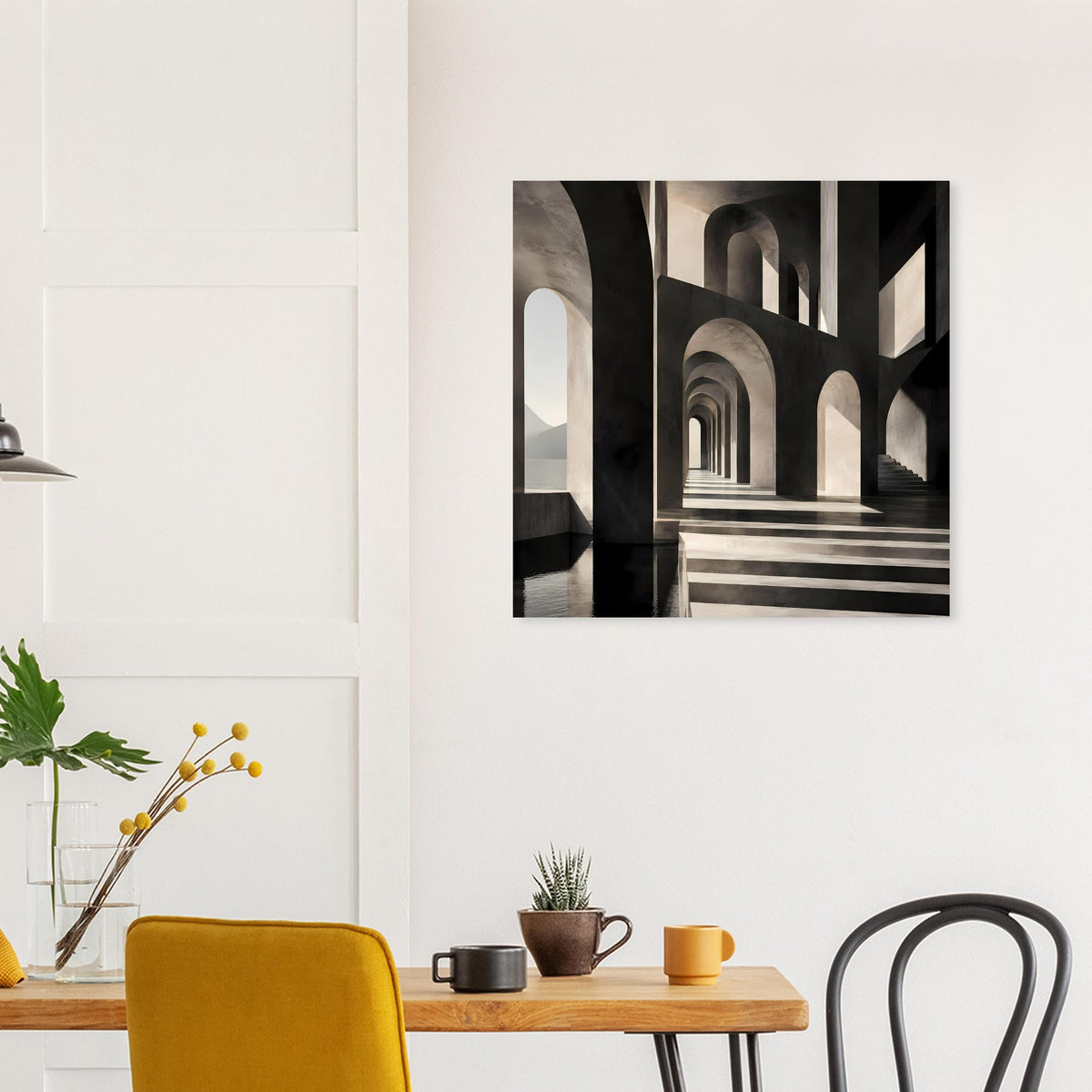 Architekturposter mit Korridorflucht und hohen Bögen in Schwarz‑Weiß, Querformat