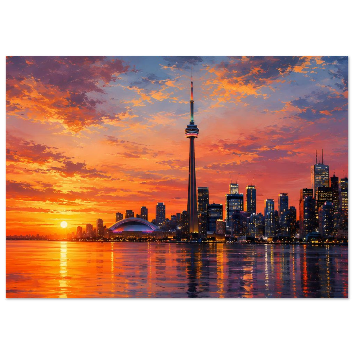 Stadtposter im Querformat mit Skyline bei Sonnenuntergang, CN Tower und Spiegelungen