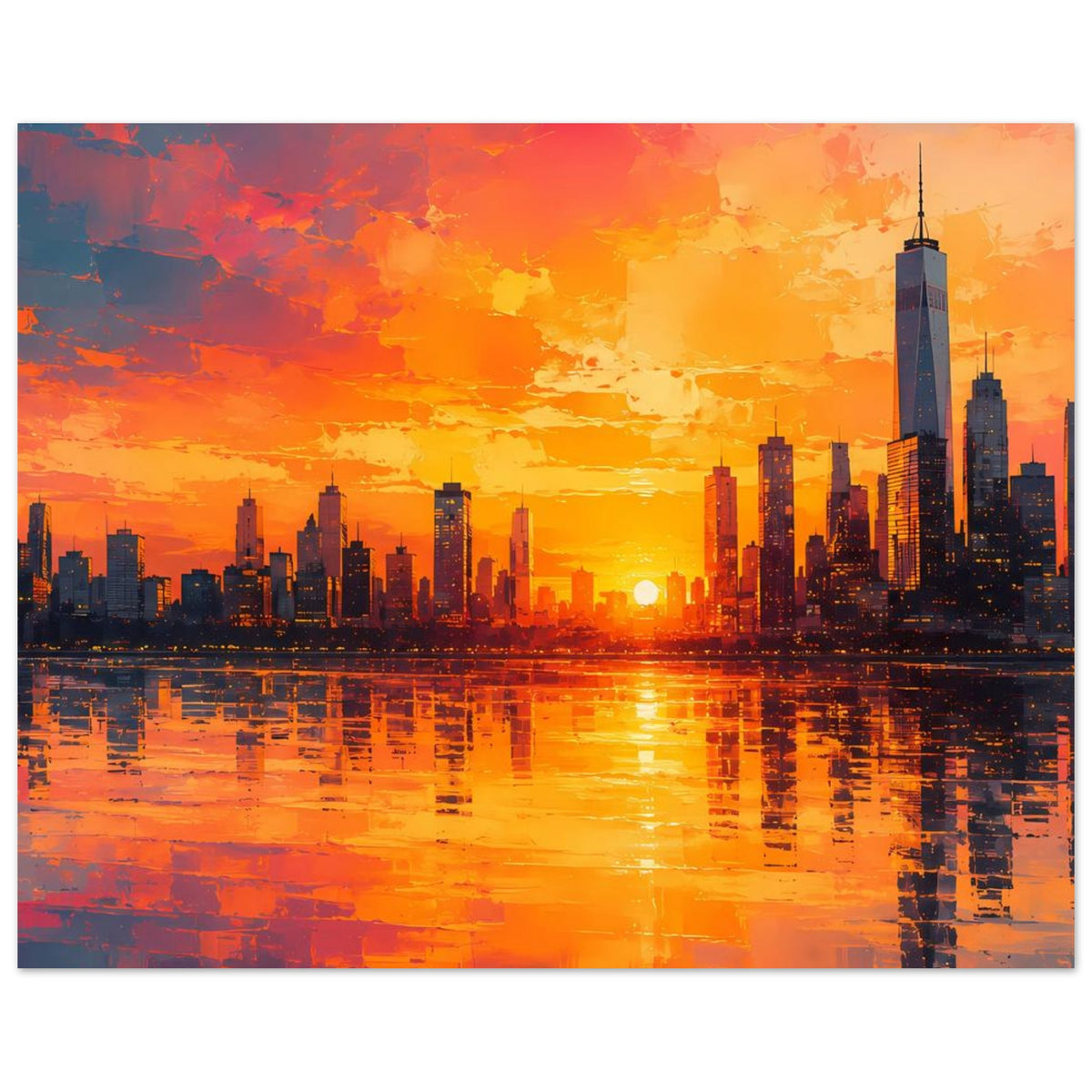 Rechteckiges Poster mit Skyline bei Sonnenuntergang, reflektierender Wasseroberfläche