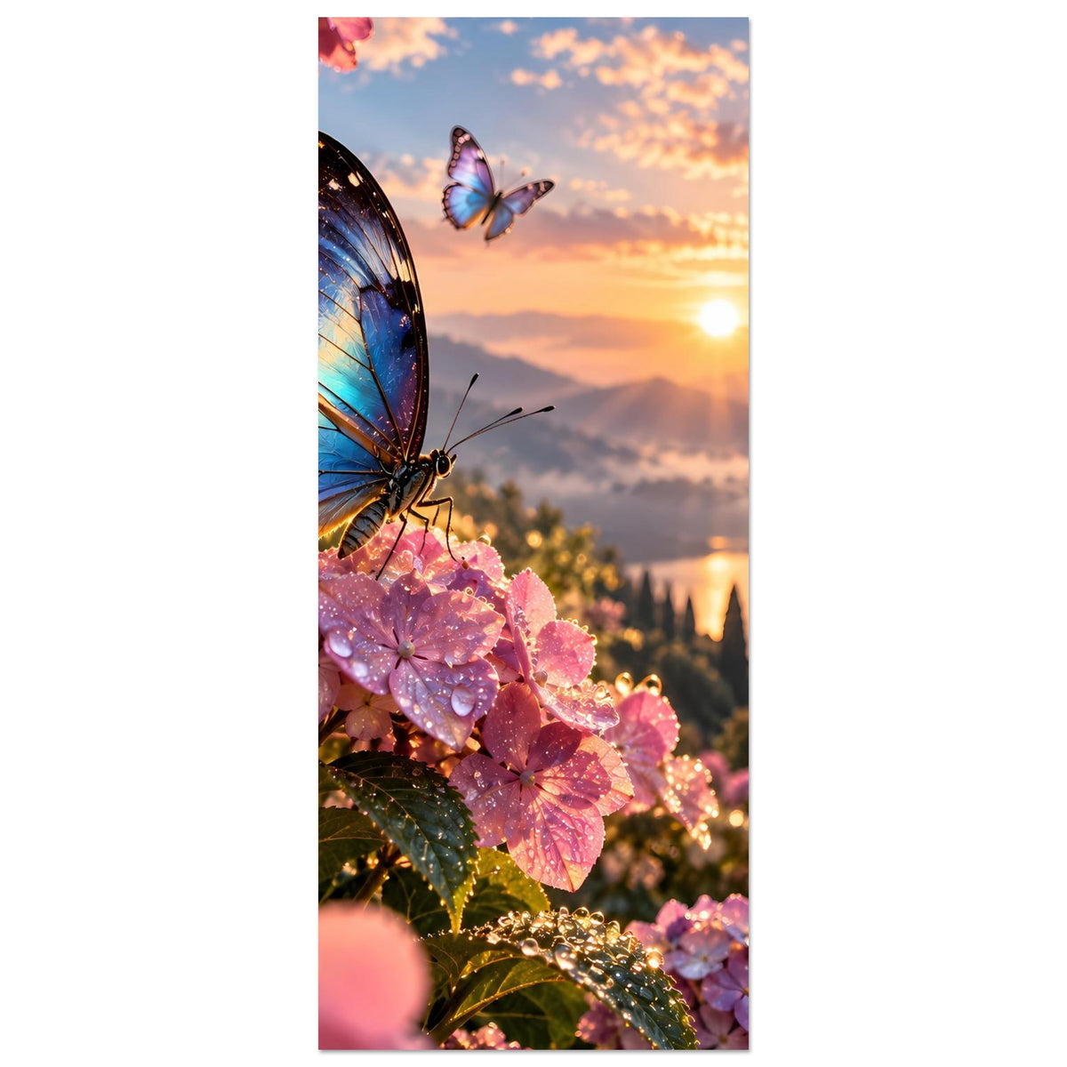 Hochkant-Poster mit blauen Schmetterlingen auf rosa Blüten (Ausschnitt)