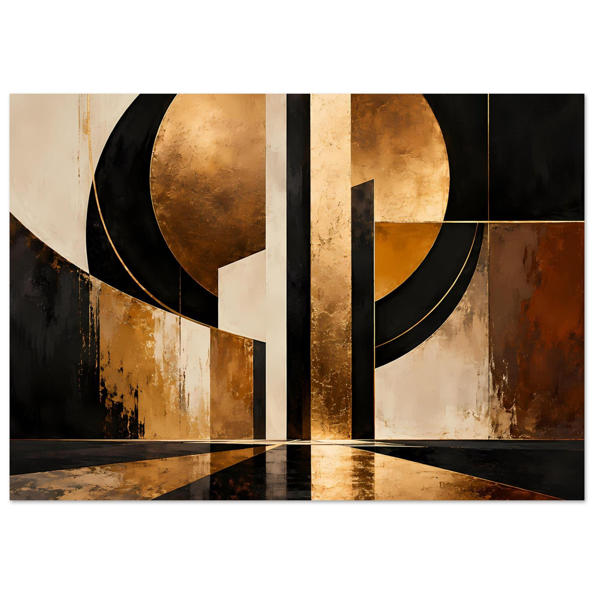 Abstraktes Kunstposter mit Gold- und Schwarztönen, großen Kreisen und Streifen