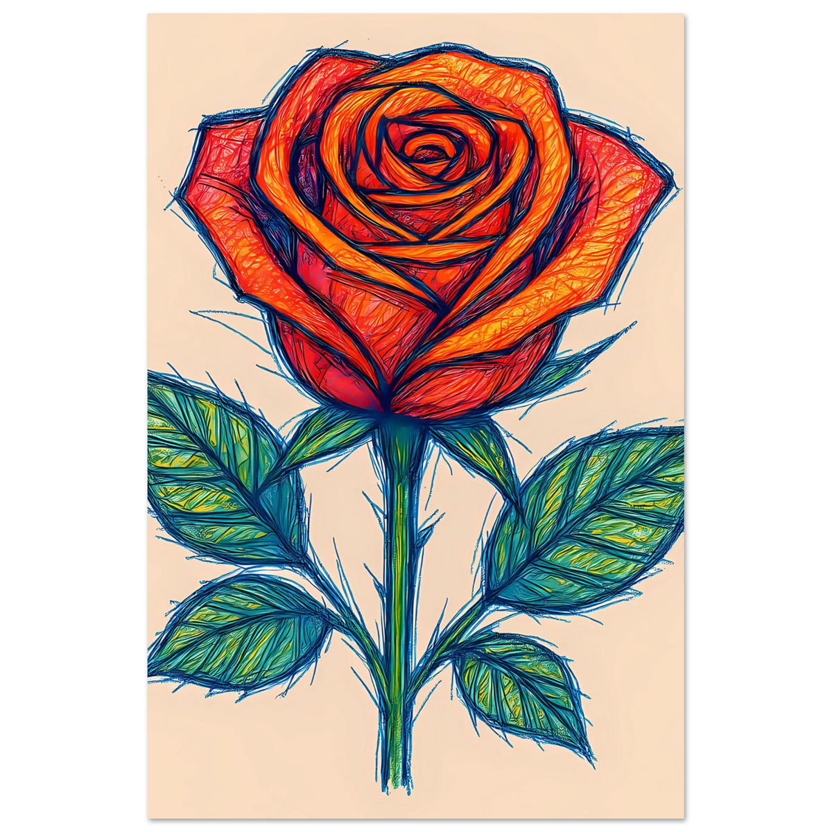 Hochformat-Poster: rote/orange Rose mit grünen Blättern, blau umrissen