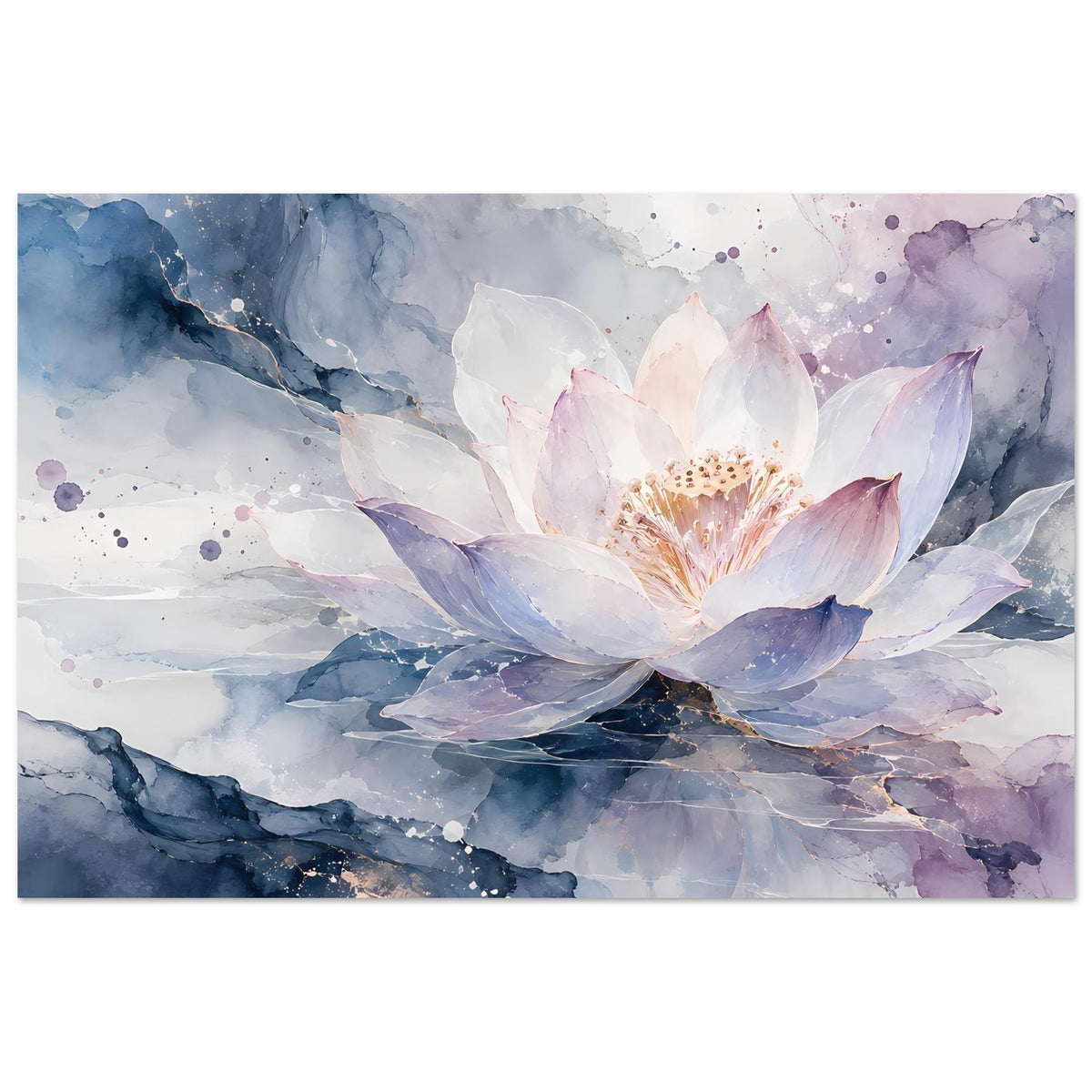 Blumenposter im Querformat mit Lotusblüte in Pastellblau, Rosa und Lila, Aquarell
