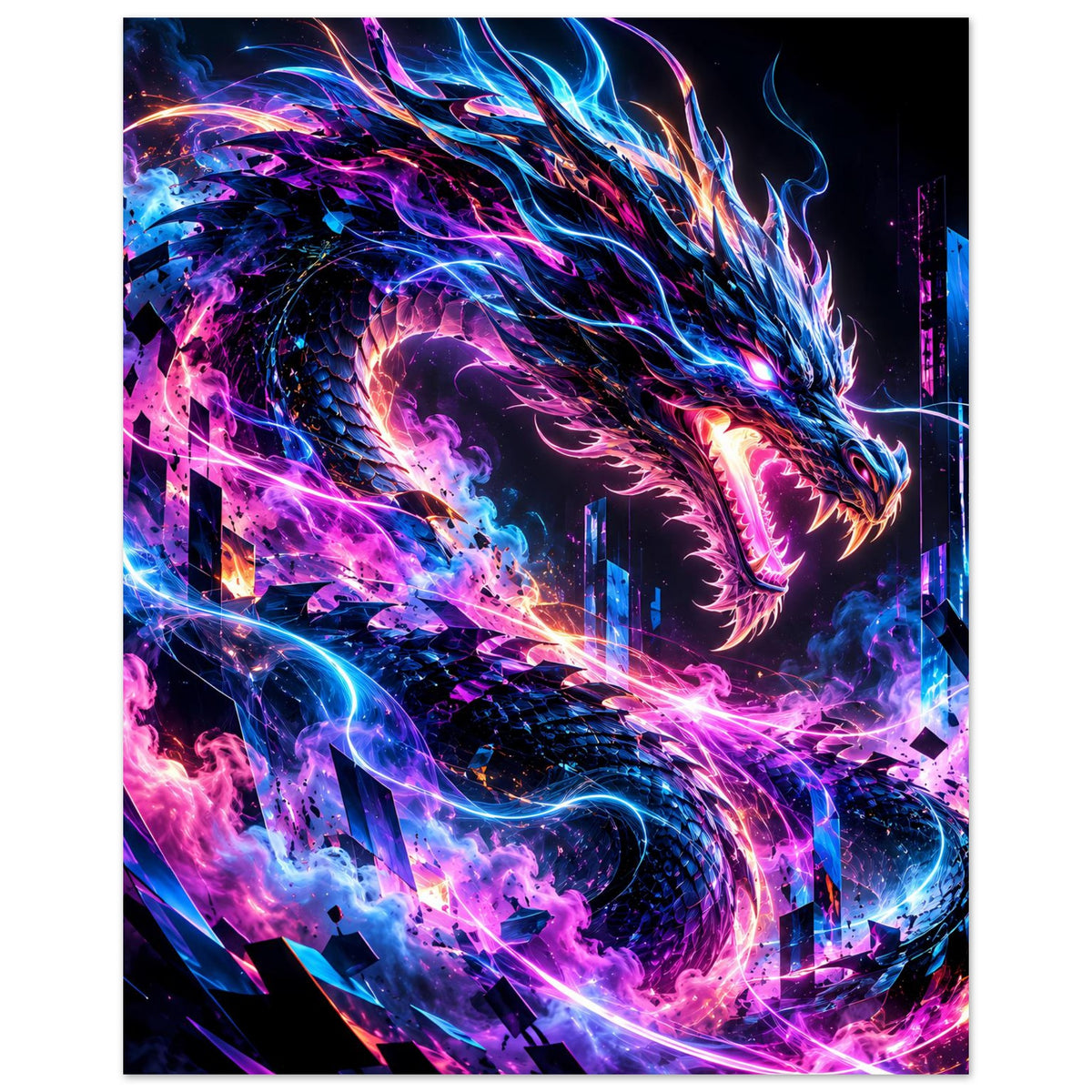Hochformat-Poster mit Neon-Cyberdrache: blau-violette Energie, feurige Strähnen, Kampfpose