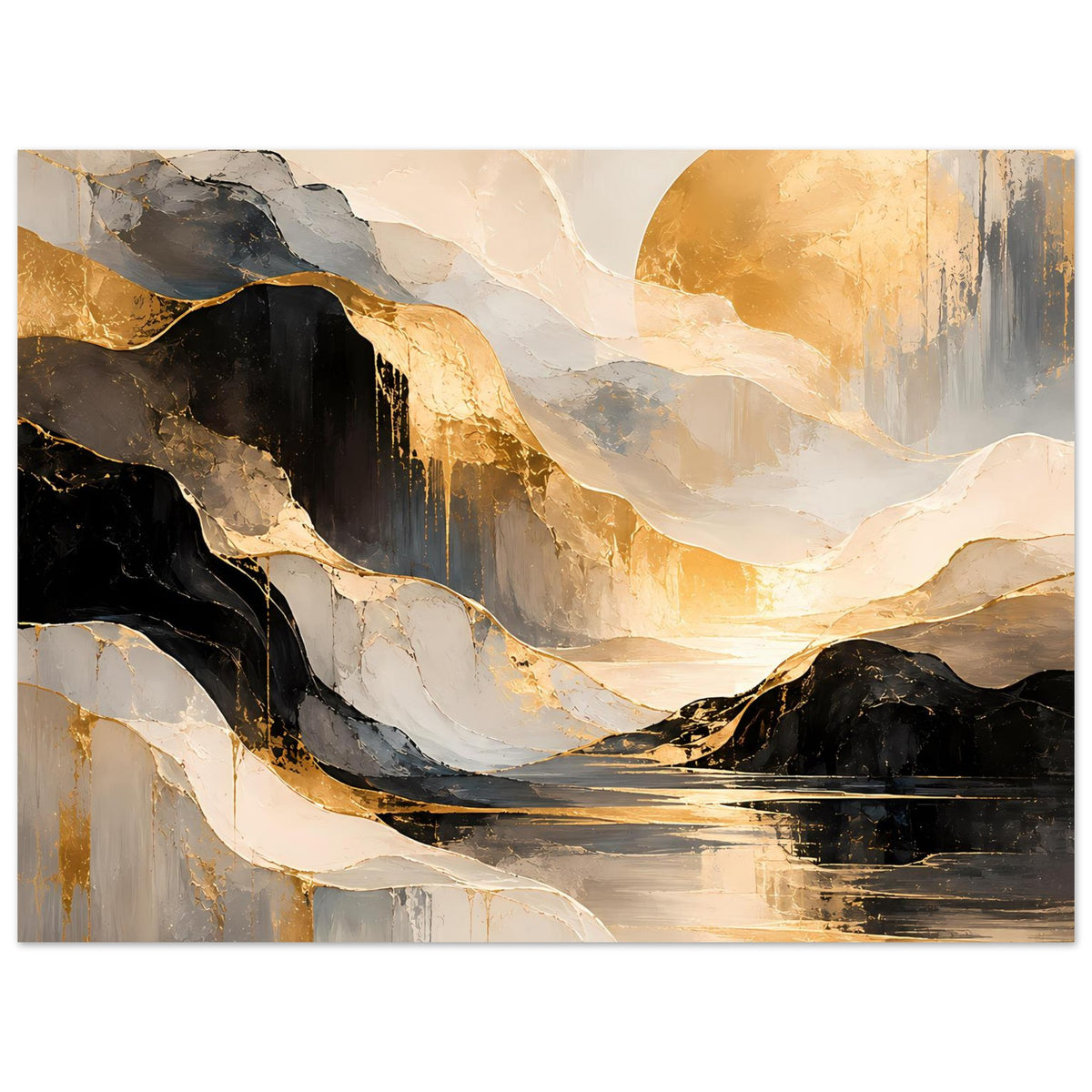 Abstraktes Kunstposter, horizontales Design mit goldenen Linien, schwarzen Klippen und spiegelndem Wasser