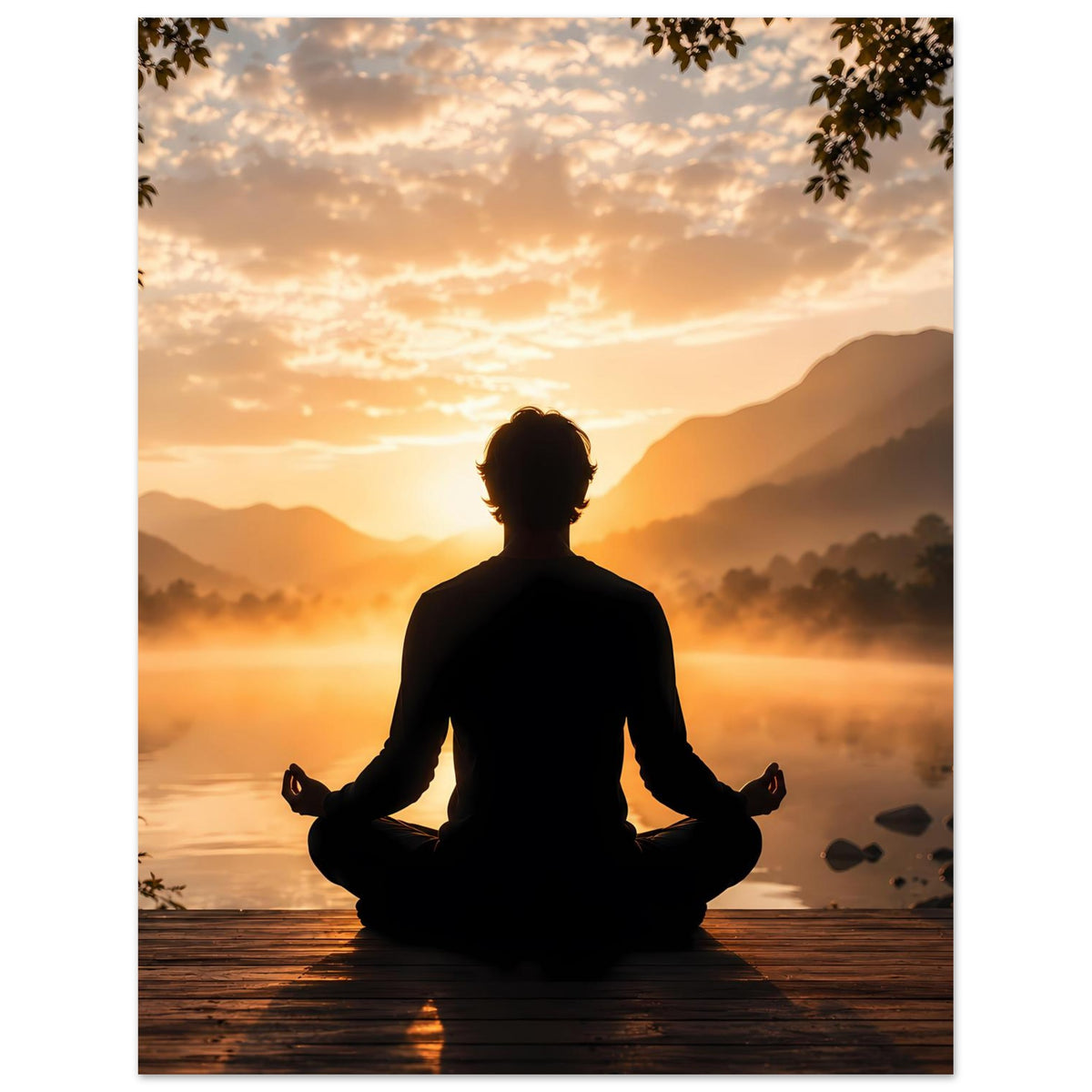 Meditationsposter Hochformat: Silhouette im Lotussitz vor warmem Sonnenaufgang